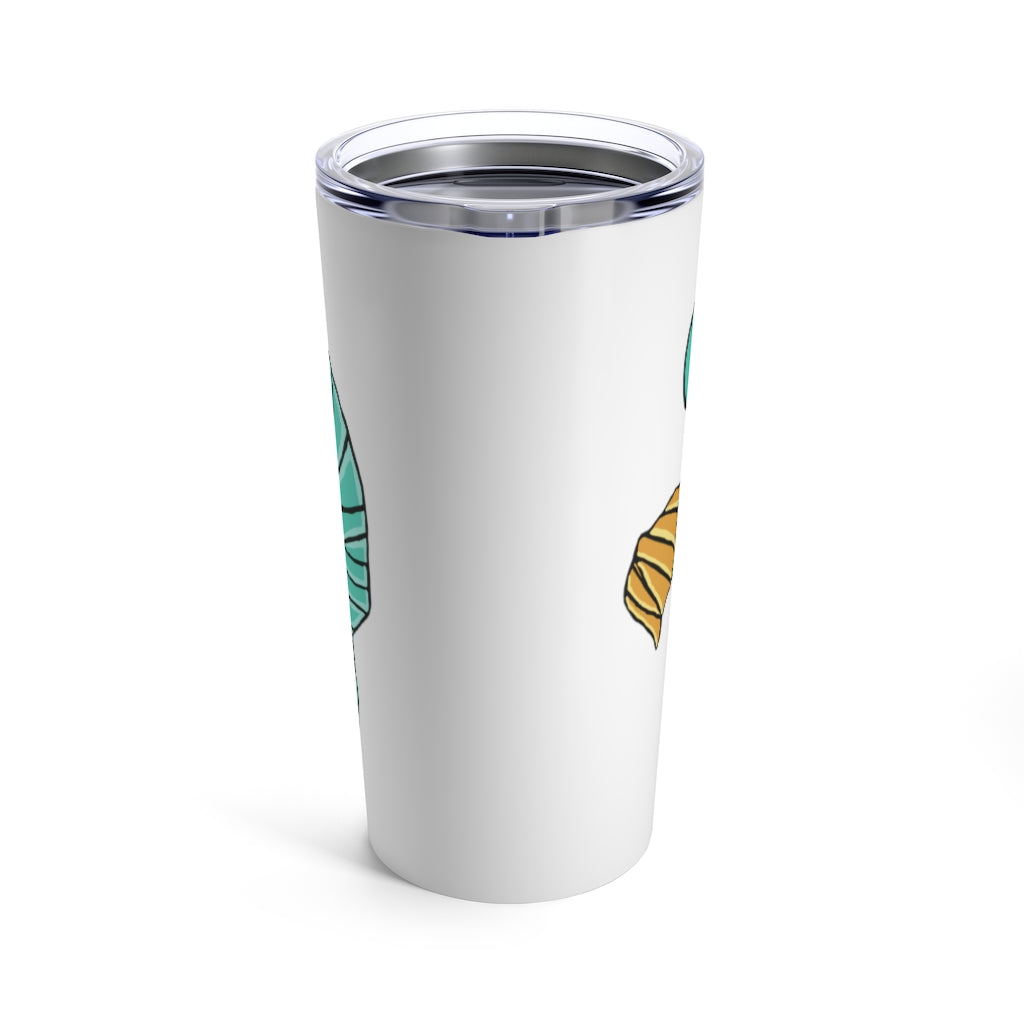 Plumo Tumbler 20oz in stainless steel with a see-thru plastic lid, showcasing its sleek design and rounded corners.