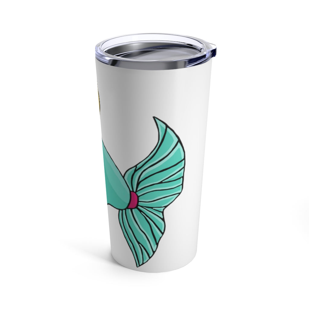 Plumo Tumbler 20oz in stainless steel with a see-thru plastic lid, showcasing its sleek design and rounded corners.