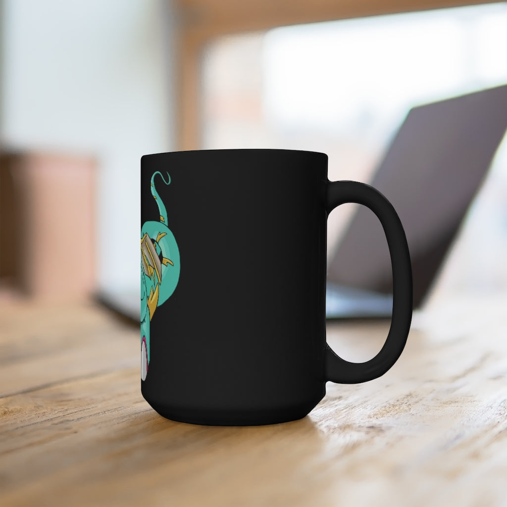 Plumrikamos Black Mug 15oz, a stylish black ceramic mug with a C-handle, perfect for coffee and tea lovers.