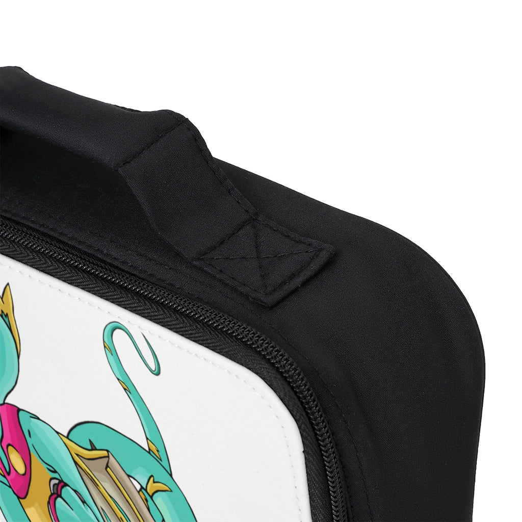 Plumrikamos Lunch Bag featuring a black base with a customizable white area, zippered closure, and convenient carrying handle.