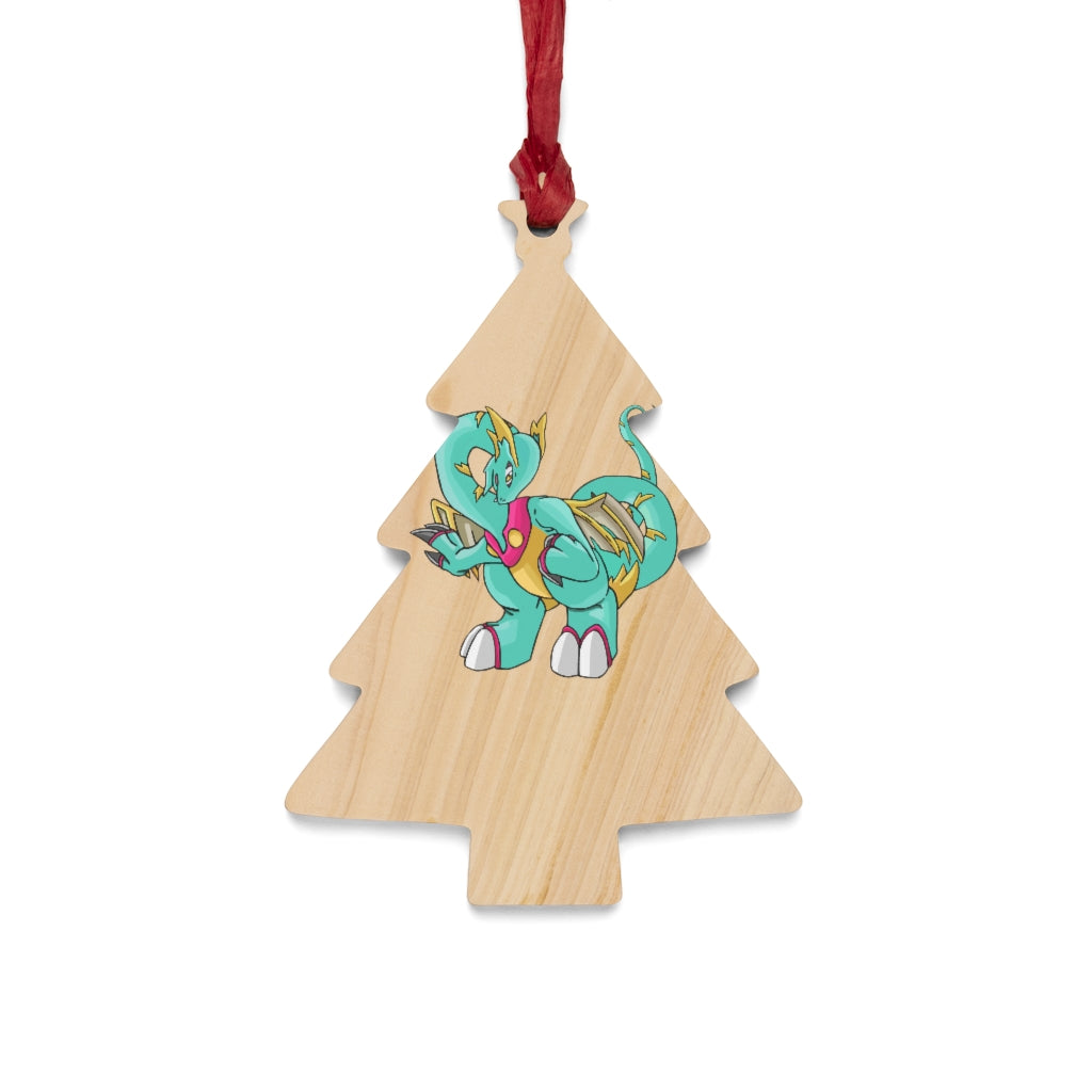 Plumrikamos Wooden Christmas Ornaments in various whimsical shapes, featuring a rustic wood finish and red ribbons for hanging.