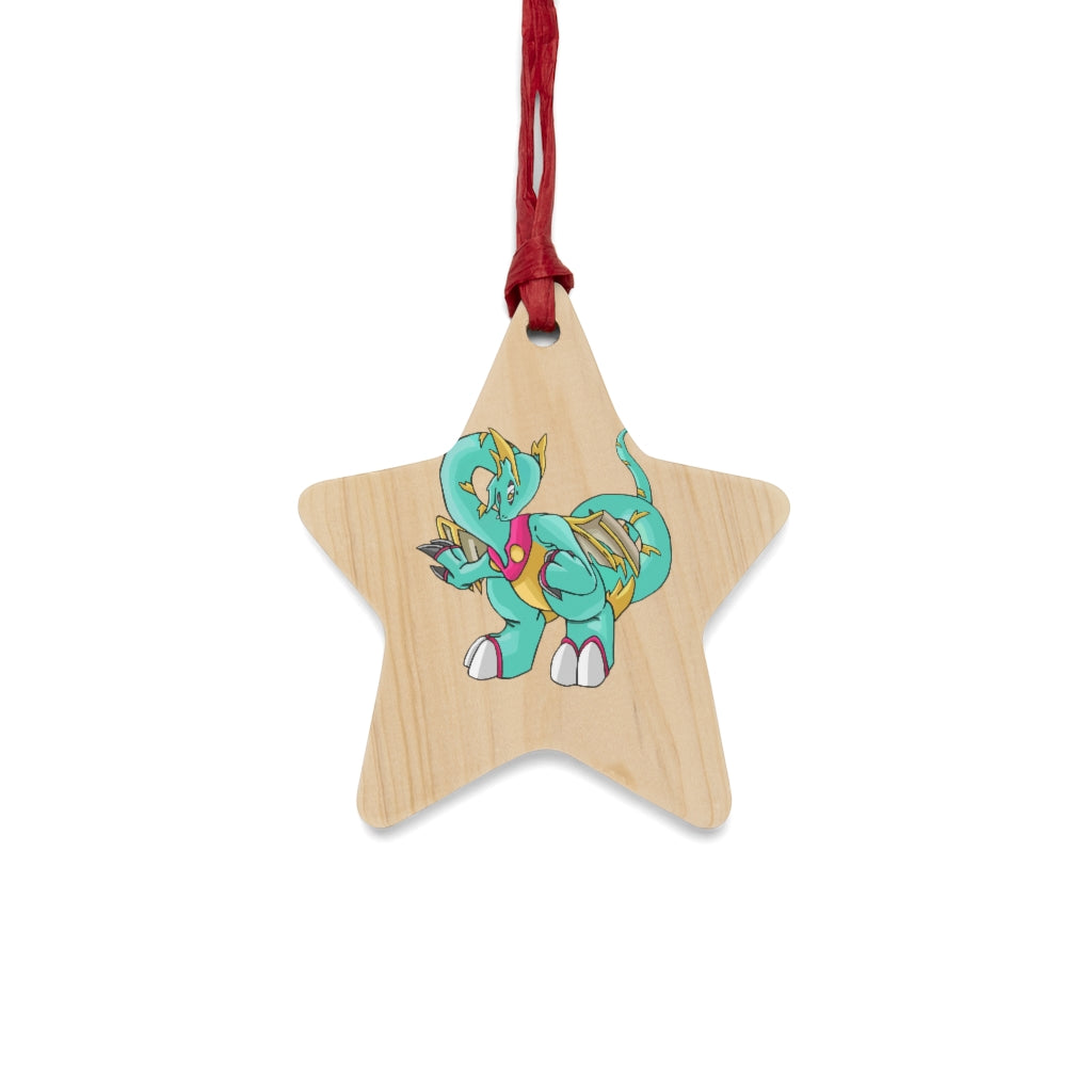 Plumrikamos Wooden Christmas Ornaments in various whimsical shapes, featuring a rustic wood finish and red ribbons for hanging.