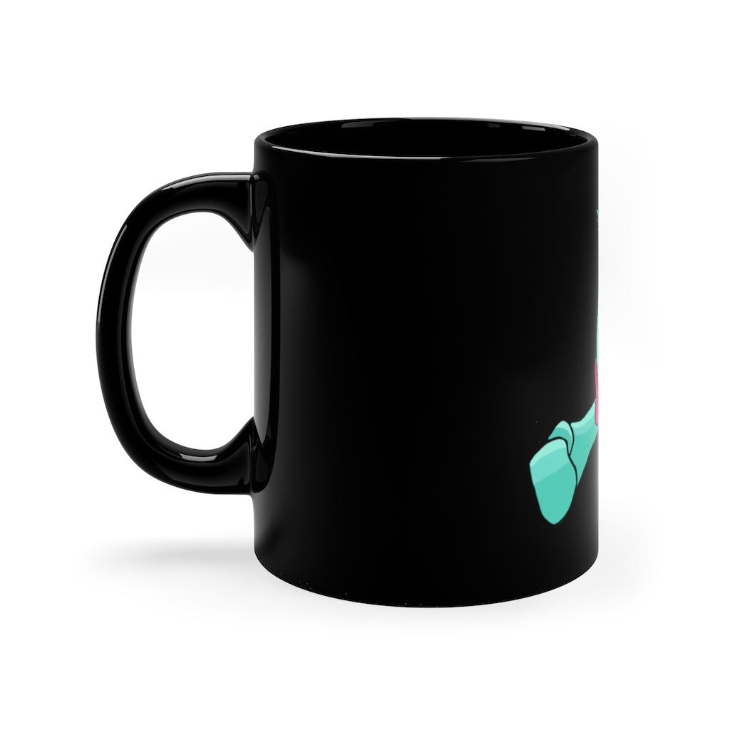 Plumyu 11oz black ceramic mug with a C-handle, customizable design options, perfect for coffee, tea, or hot chocolate.