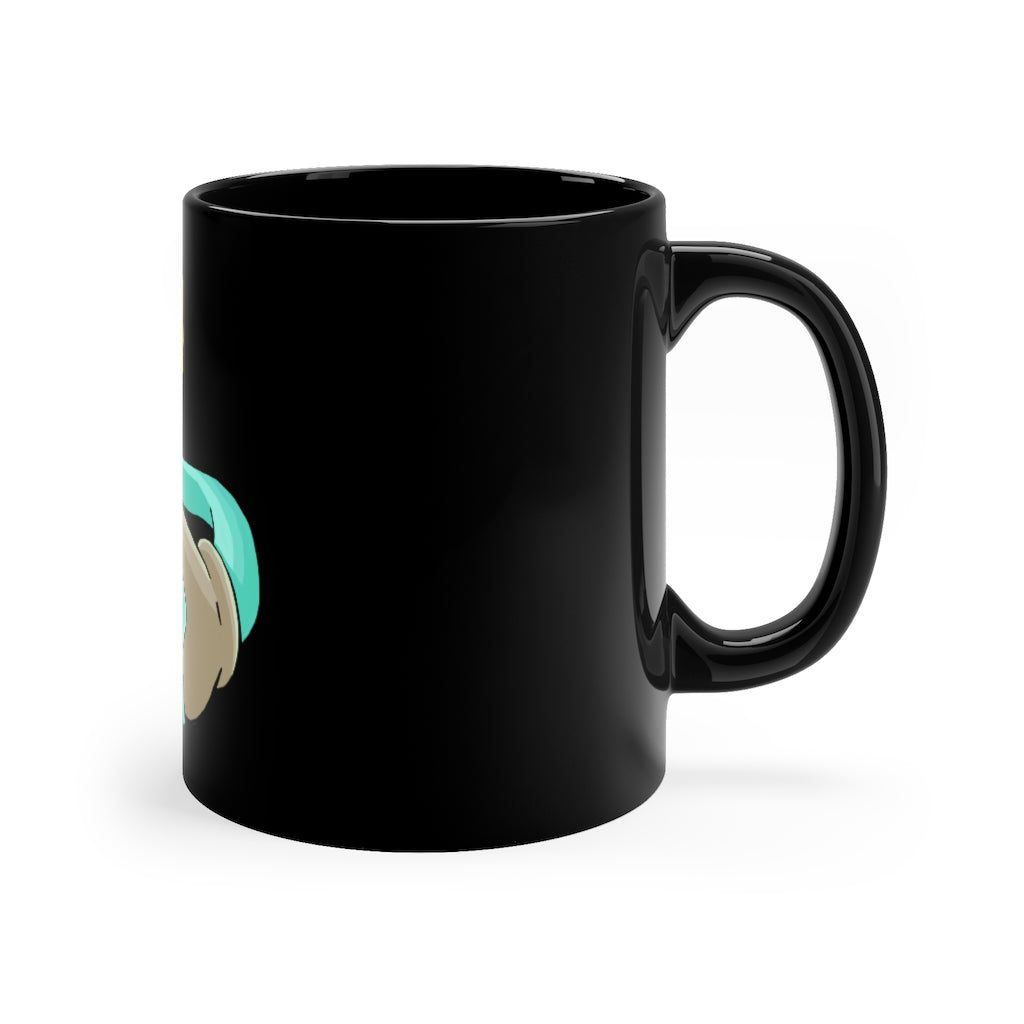 Plumyu 11oz black ceramic mug with a C-handle, customizable design options, perfect for coffee, tea, or hot chocolate.