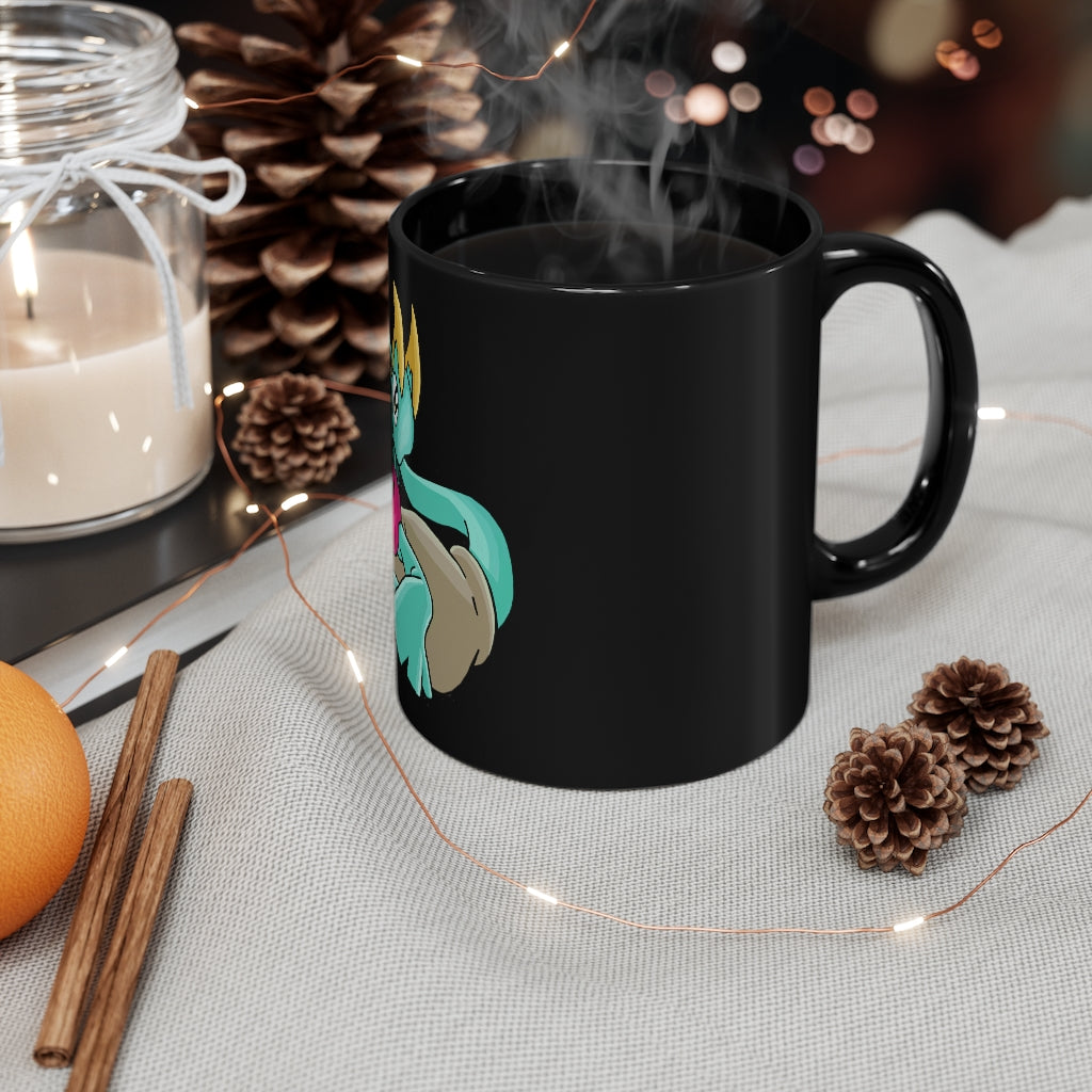 Plumyu 11oz black ceramic mug with a C-handle, customizable design options, perfect for coffee, tea, or hot chocolate.