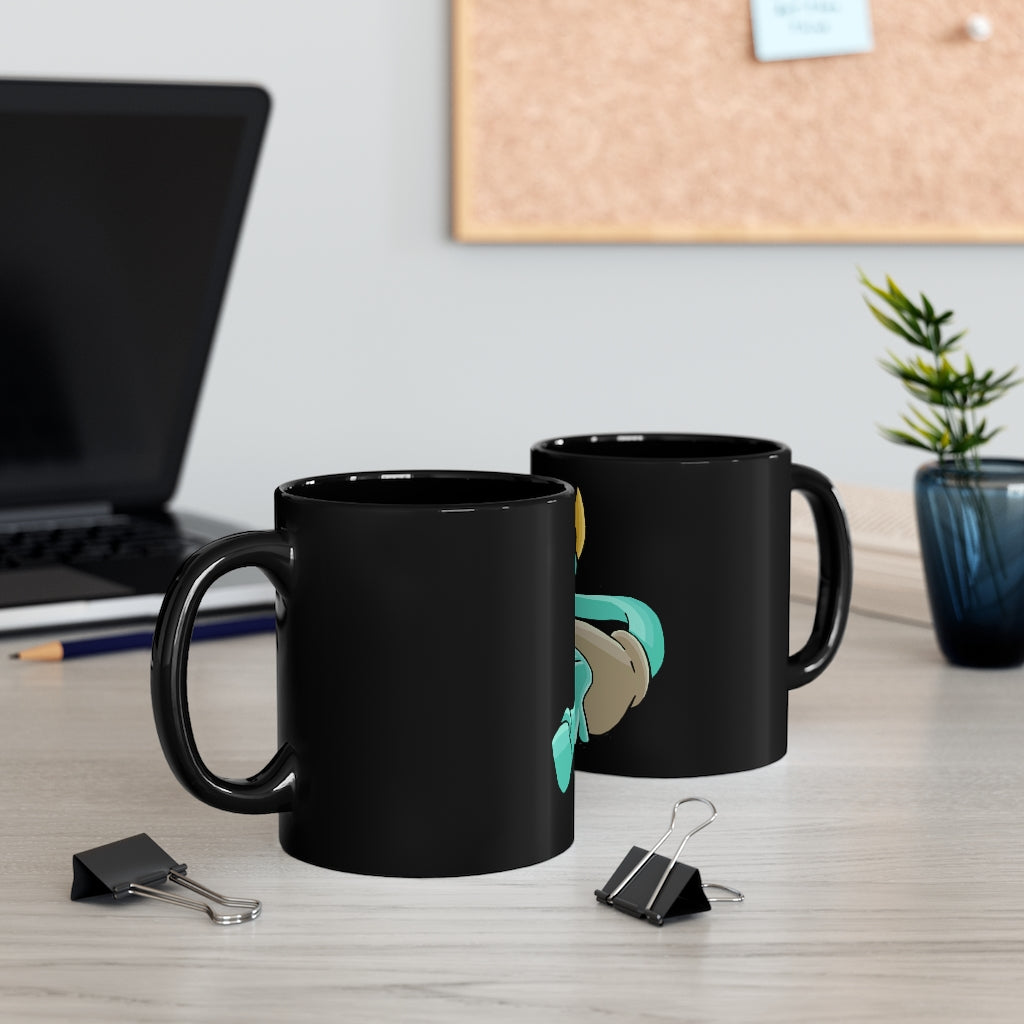 Plumyu 11oz black ceramic mug with a C-handle, customizable design options, perfect for coffee, tea, or hot chocolate.