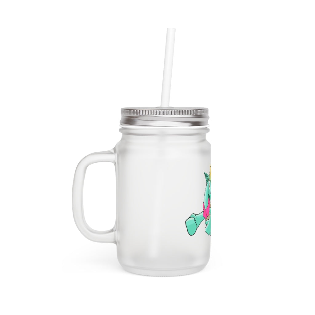 A stylish Plumyu Mason Jar made of frosted glass, featuring a straw and lid, perfect for personalized drinks.