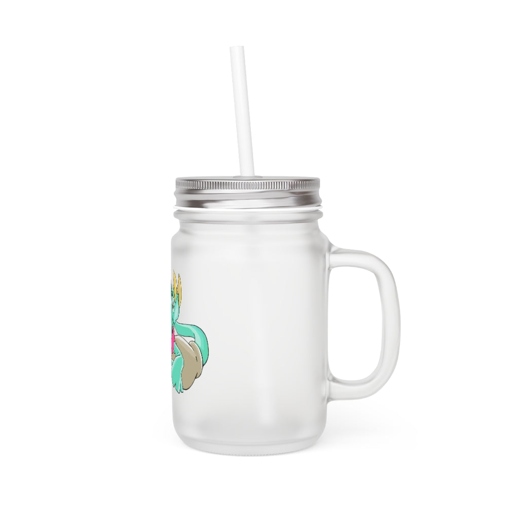 A stylish Plumyu Mason Jar made of frosted glass, featuring a straw and lid, perfect for personalized drinks.