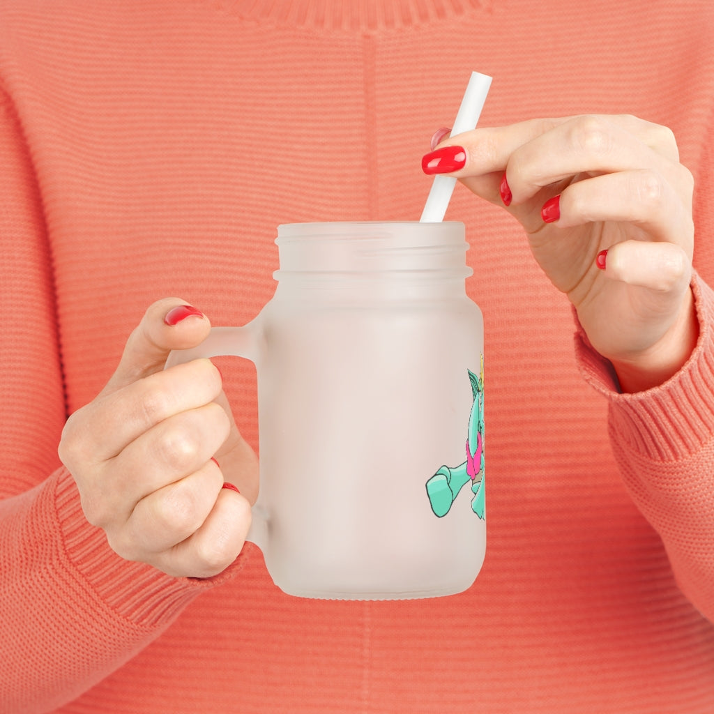 A stylish Plumyu Mason Jar made of frosted glass, featuring a straw and lid, perfect for personalized drinks.