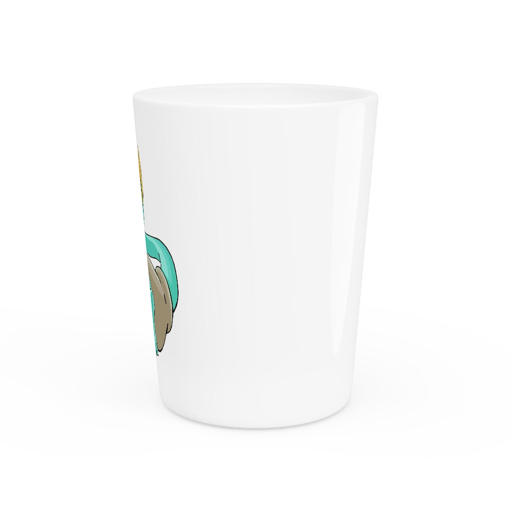 A personalized Plumyu Shot Glass made of white ceramic, featuring a customizable design with a black interior.