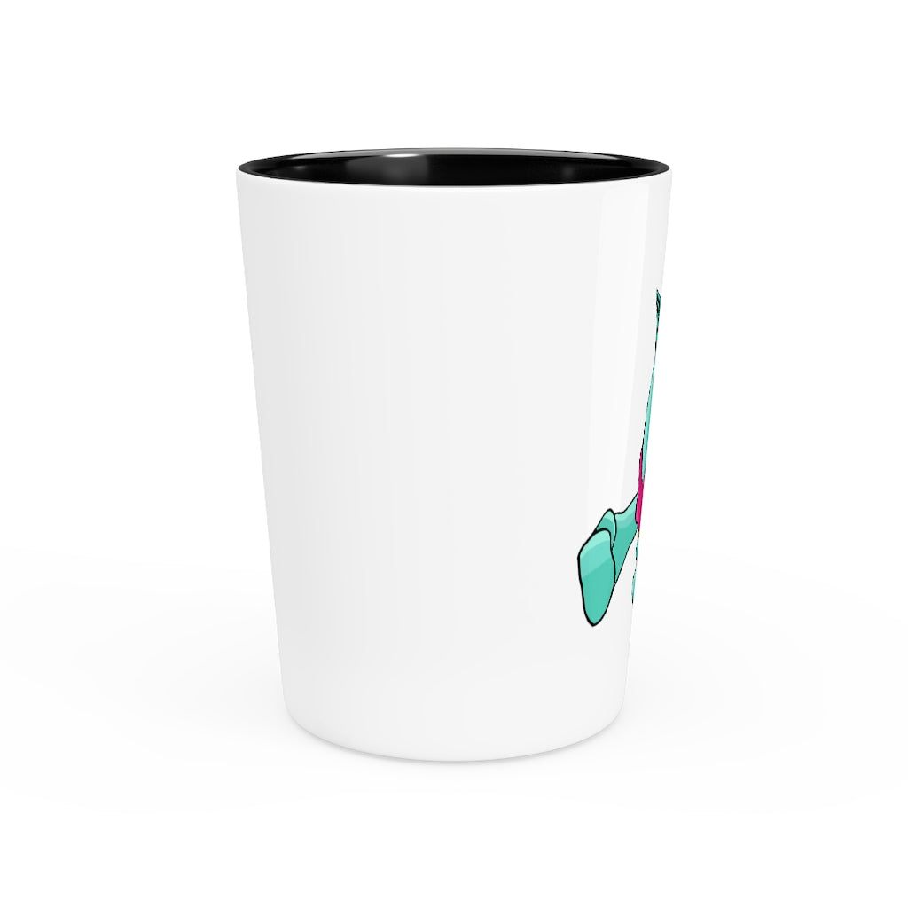 A personalized Plumyu Shot Glass made of white ceramic, featuring a customizable design with a black interior.