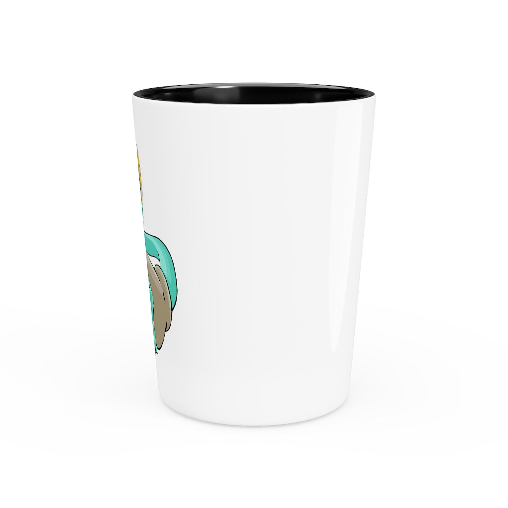 A personalized Plumyu Shot Glass made of white ceramic, featuring a customizable design with a black interior.