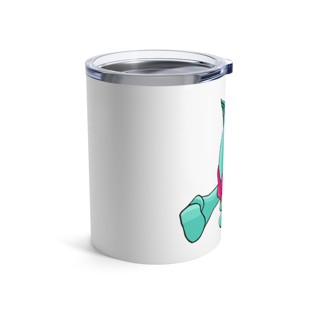 Plumyu Tumbler 10oz in stainless steel with a see-thru plastic lid, showcasing its sleek design and rounded corners.