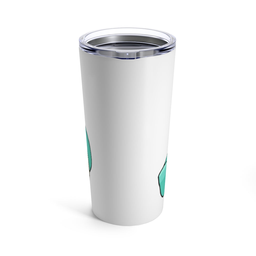 Plumyu Tumbler 20oz in stainless steel with a see-thru plastic lid, showcasing its sleek design and rounded corners.