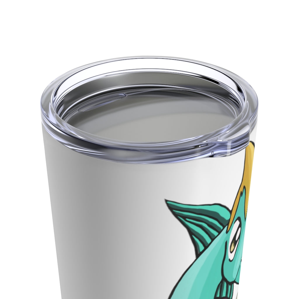 Plumyu Tumbler 20oz in stainless steel with a see-thru plastic lid, showcasing its sleek design and rounded corners.