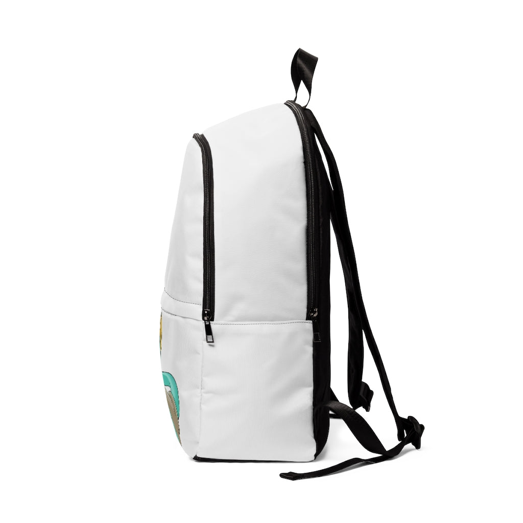 Plumyu Unisex Fabric Backpack in a stylish design, featuring adjustable straps and a padded back panel, perfect for school and travel.