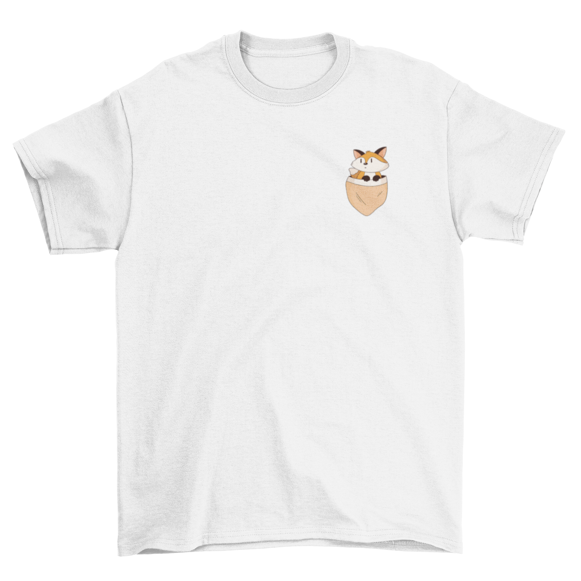 A stylish t-shirt featuring a cute fox illustration peeking out of a pocket, perfect for casual wear.