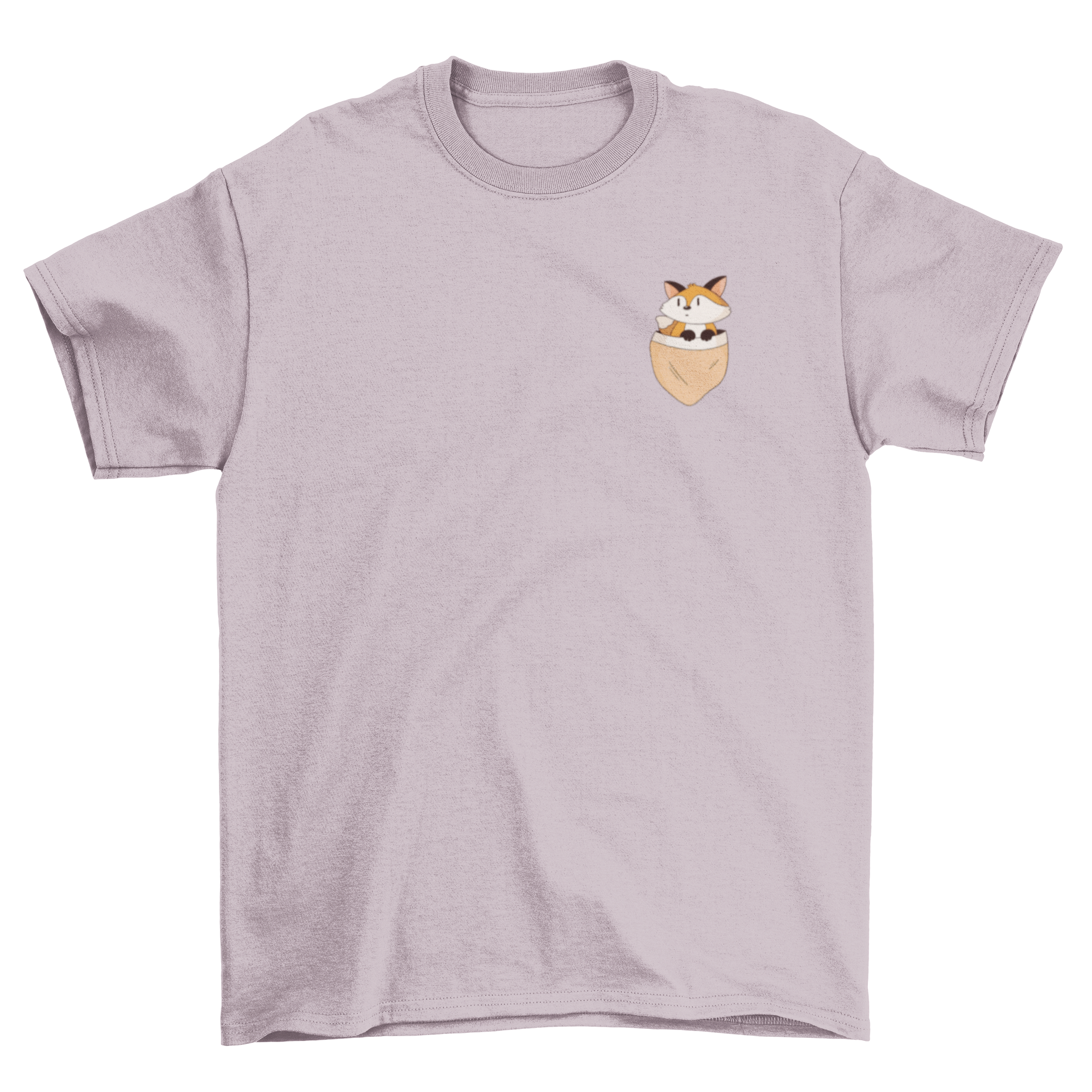 A stylish t-shirt featuring a cute fox illustration peeking out of a pocket, perfect for casual wear.