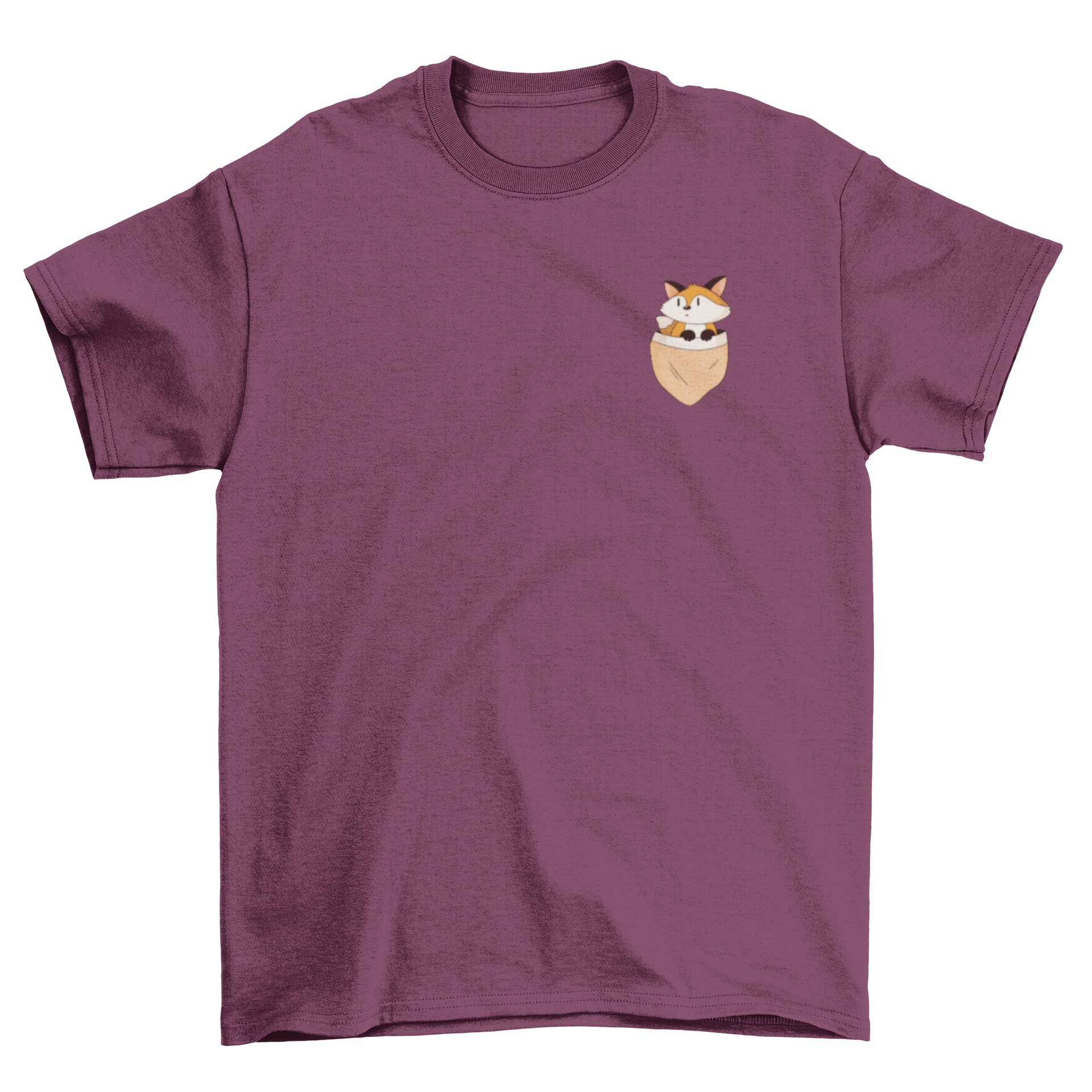 A stylish t-shirt featuring a cute fox illustration peeking out of a pocket, perfect for casual wear.