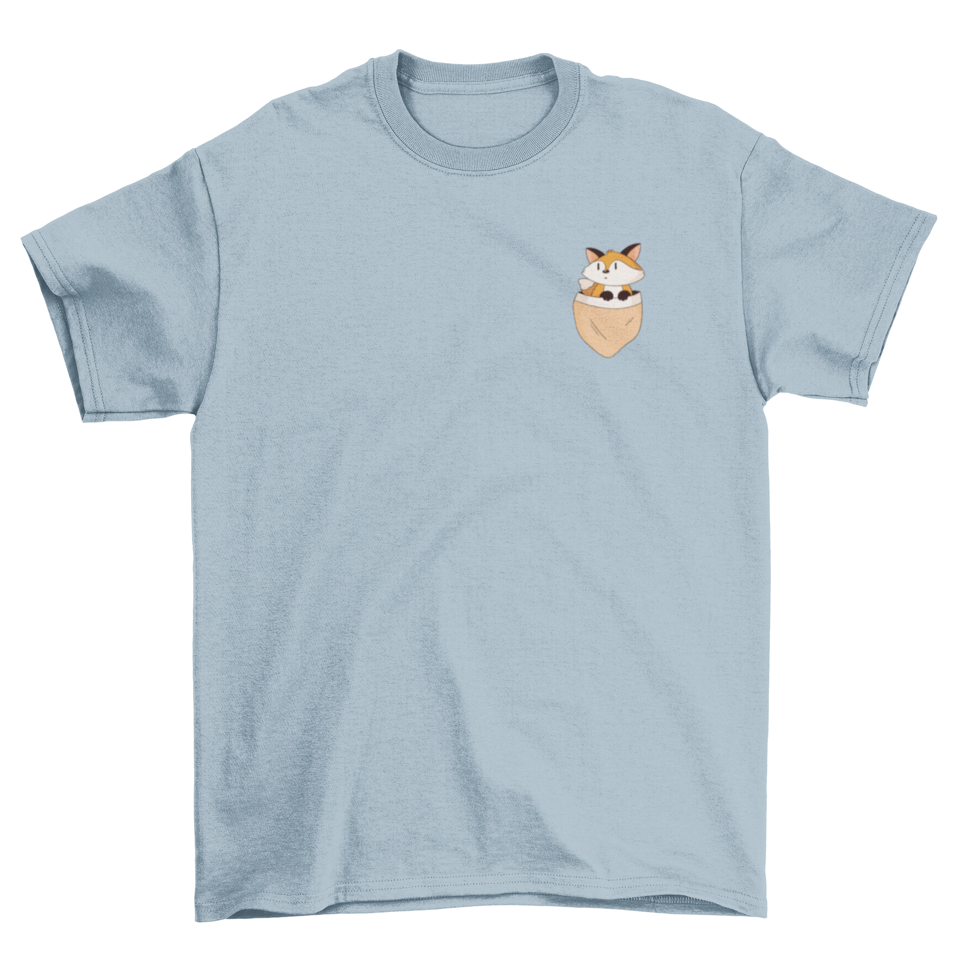 A stylish t-shirt featuring a cute fox illustration peeking out of a pocket, perfect for casual wear.