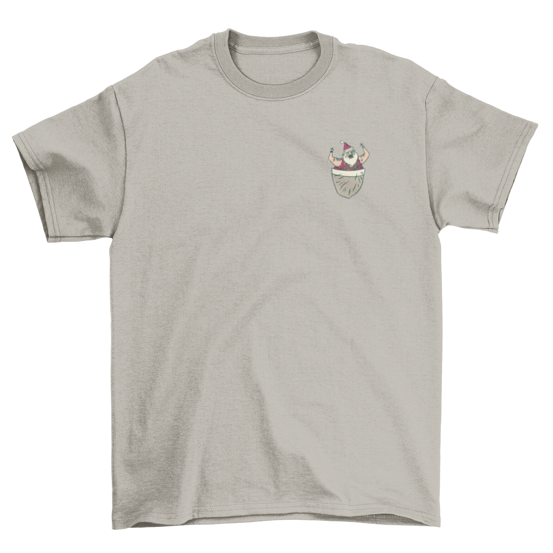 Pocket Santa T-shirt featuring a rocker Santa Claus design peeking out of a pocket.