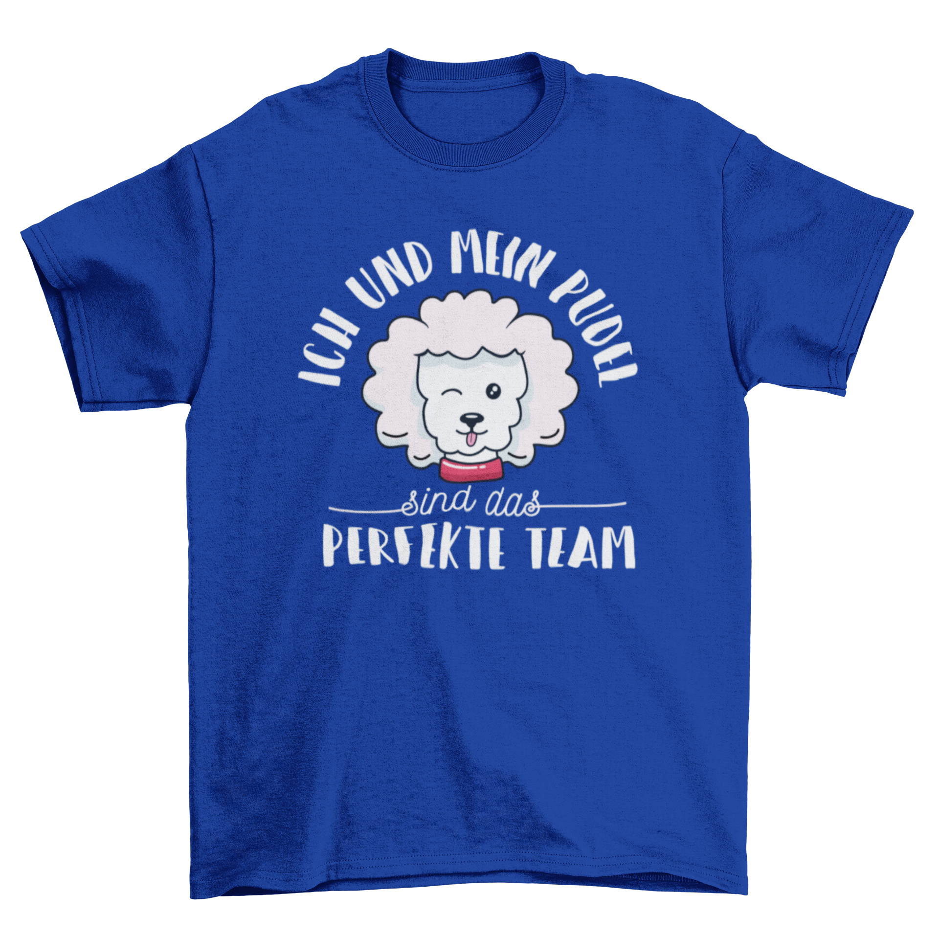 A stylish t-shirt featuring a cute poodle illustration and a German quote about the bond between a person and their poodle.