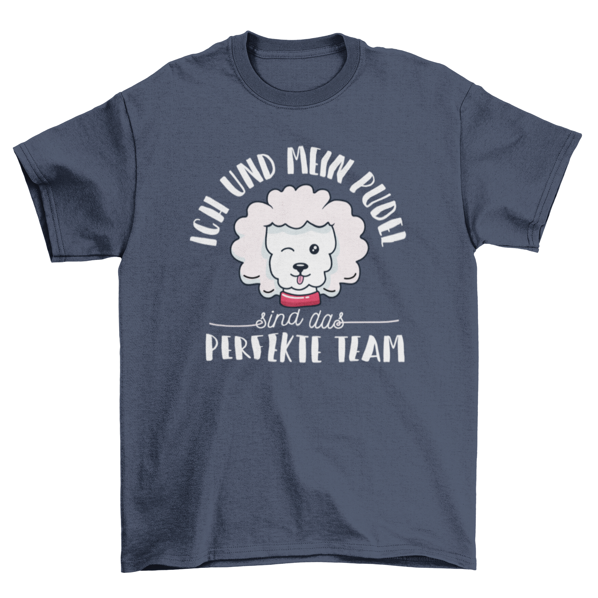 A stylish t-shirt featuring a cute poodle illustration and a German quote about the bond between a person and their poodle.