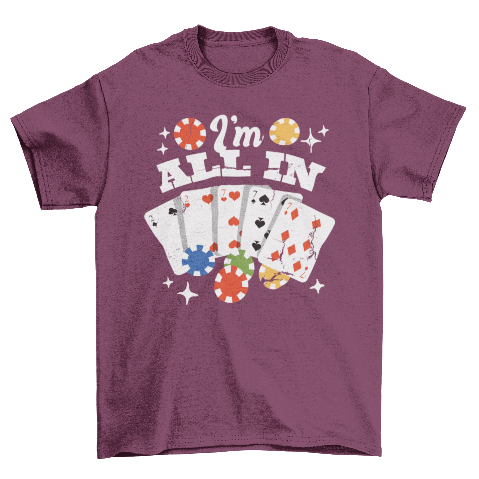 Stylish t-shirt featuring poker cards and chips with the quote 'I'm all in'.