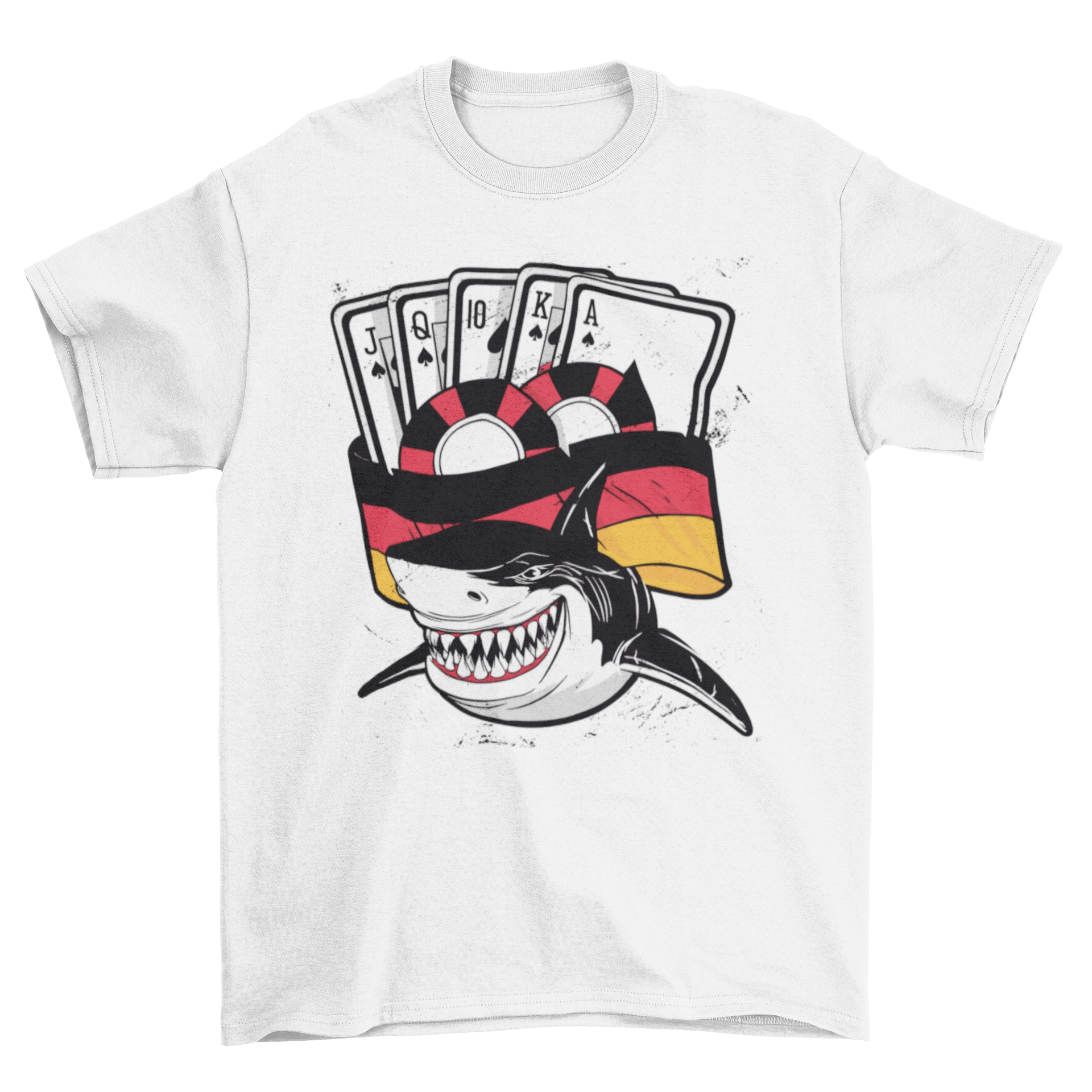 Poker Shark Germany T-shirt featuring a shark with poker chips and cards, set against the Germany flag.