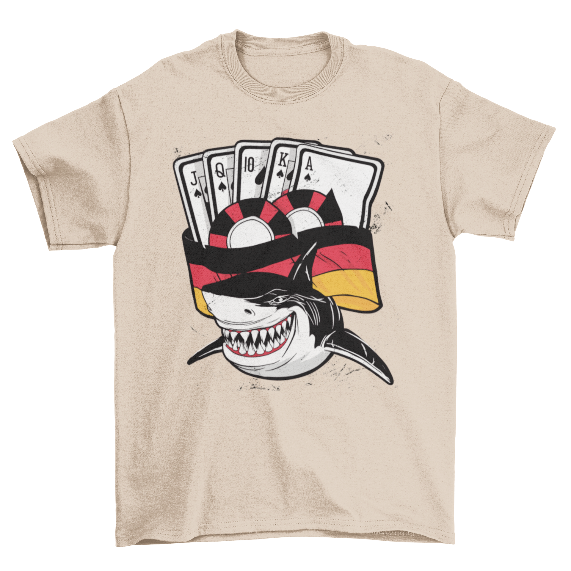 Poker Shark Germany T-shirt featuring a shark with poker chips and cards, set against the Germany flag.