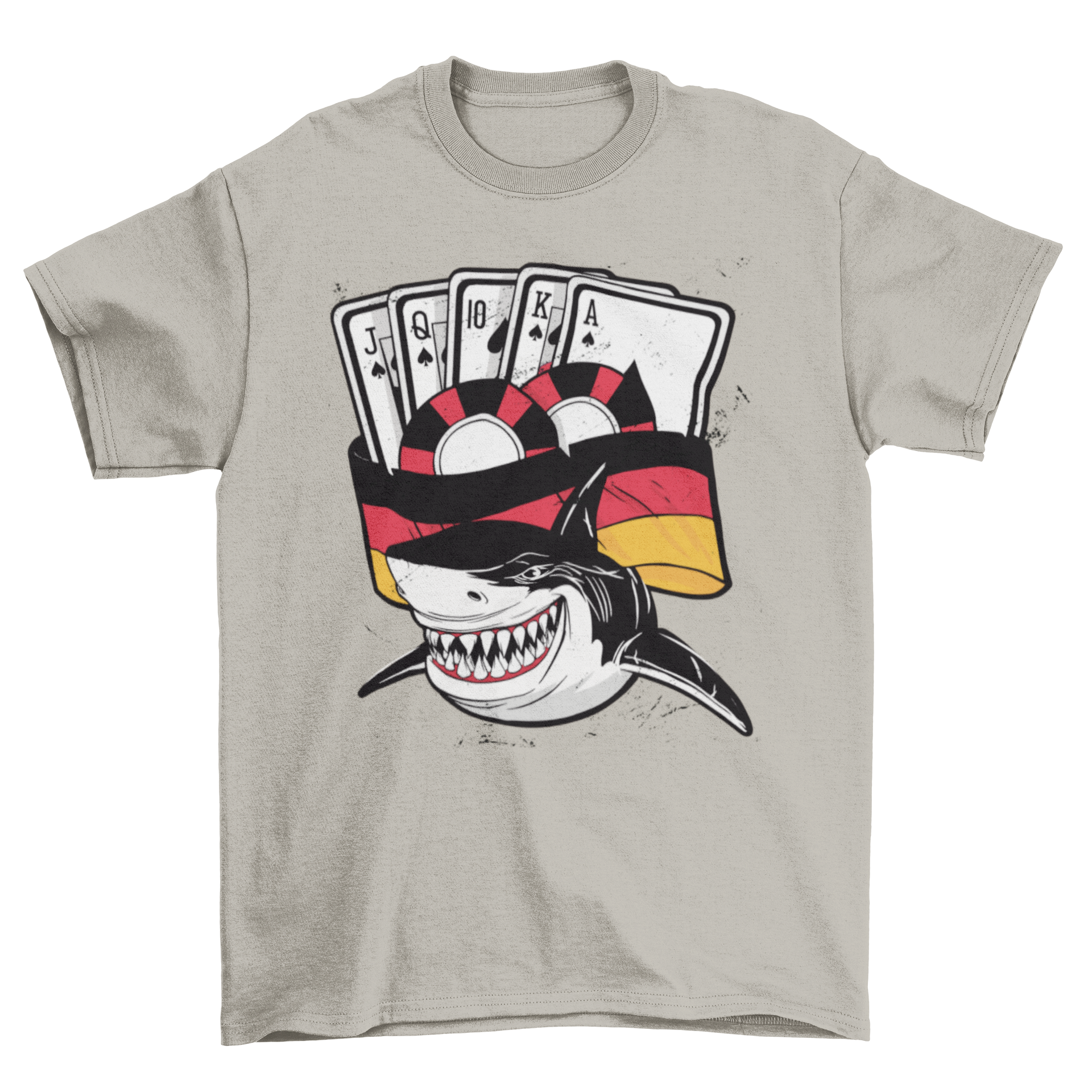 Poker Shark Germany T-shirt featuring a shark with poker chips and cards, set against the Germany flag.