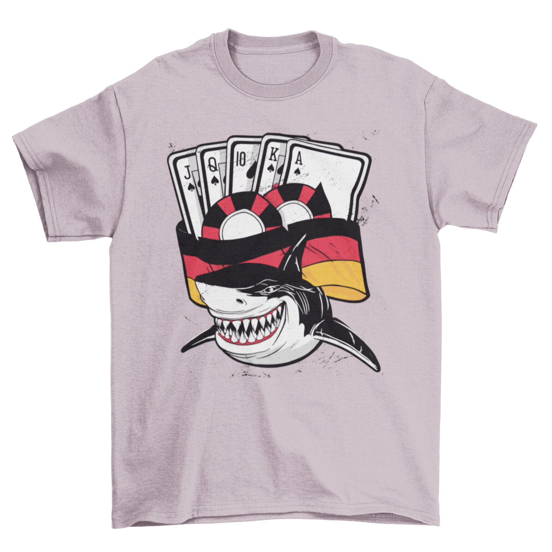 Poker Shark Germany T-shirt featuring a shark with poker chips and cards, set against the Germany flag.