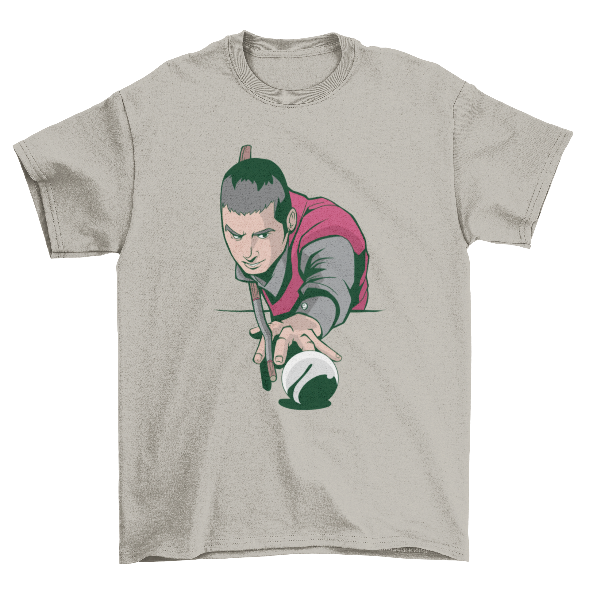 A stylish Pool Player T-shirt featuring a male player in action, perfect for billiards enthusiasts.