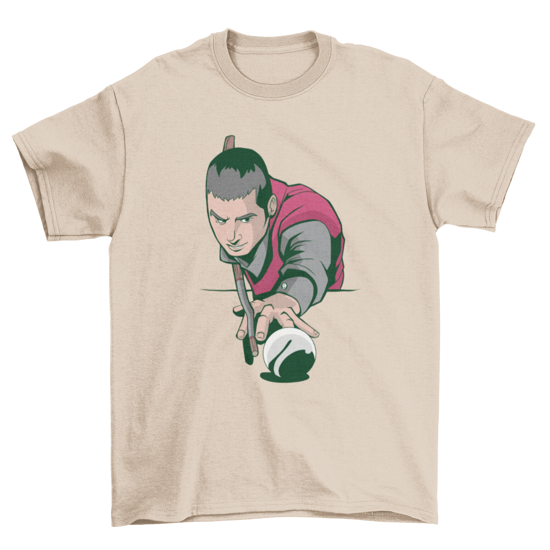 A stylish Pool Player T-shirt featuring a male player in action, perfect for billiards enthusiasts.