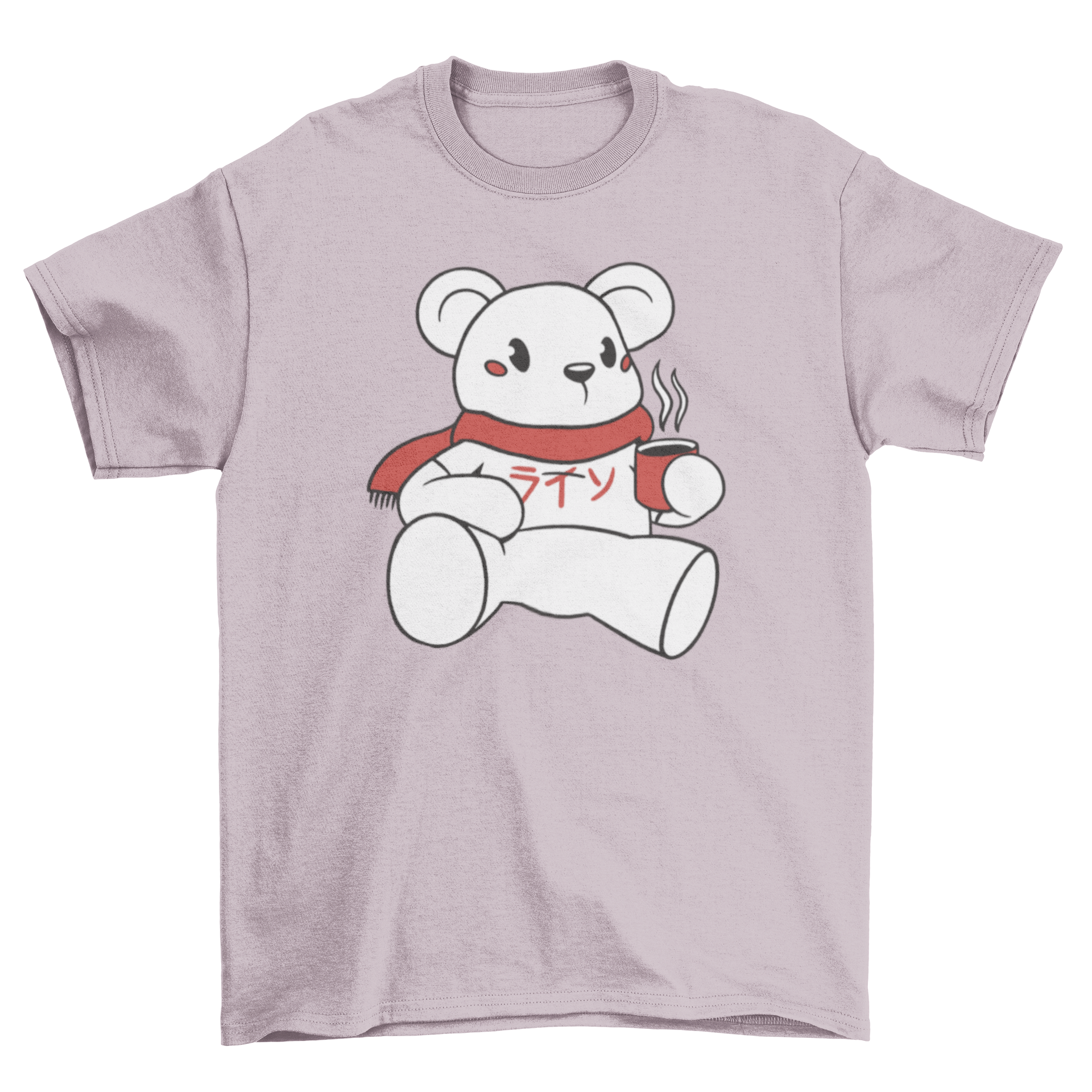 A stylish t-shirt featuring a white polar bear with a red scarf and a cup of coffee, perfect for animal lovers.