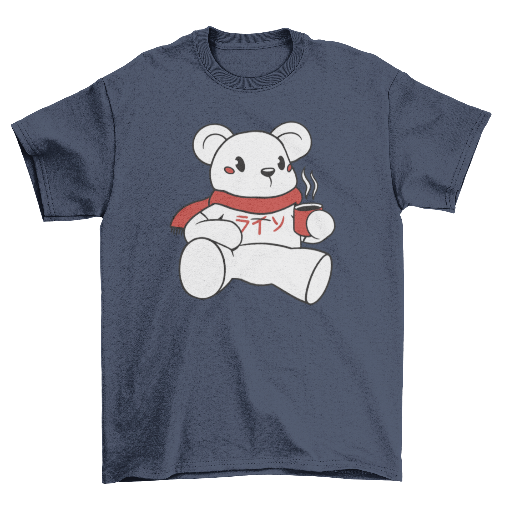 A stylish t-shirt featuring a white polar bear with a red scarf and a cup of coffee, perfect for animal lovers.