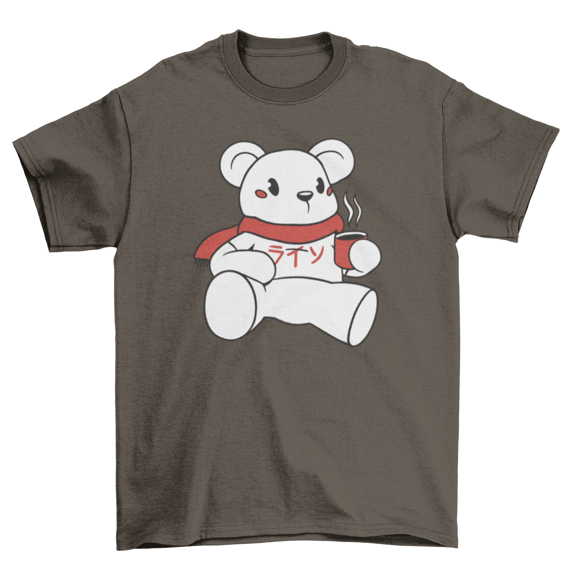 A stylish t-shirt featuring a white polar bear with a red scarf and a cup of coffee, perfect for animal lovers.