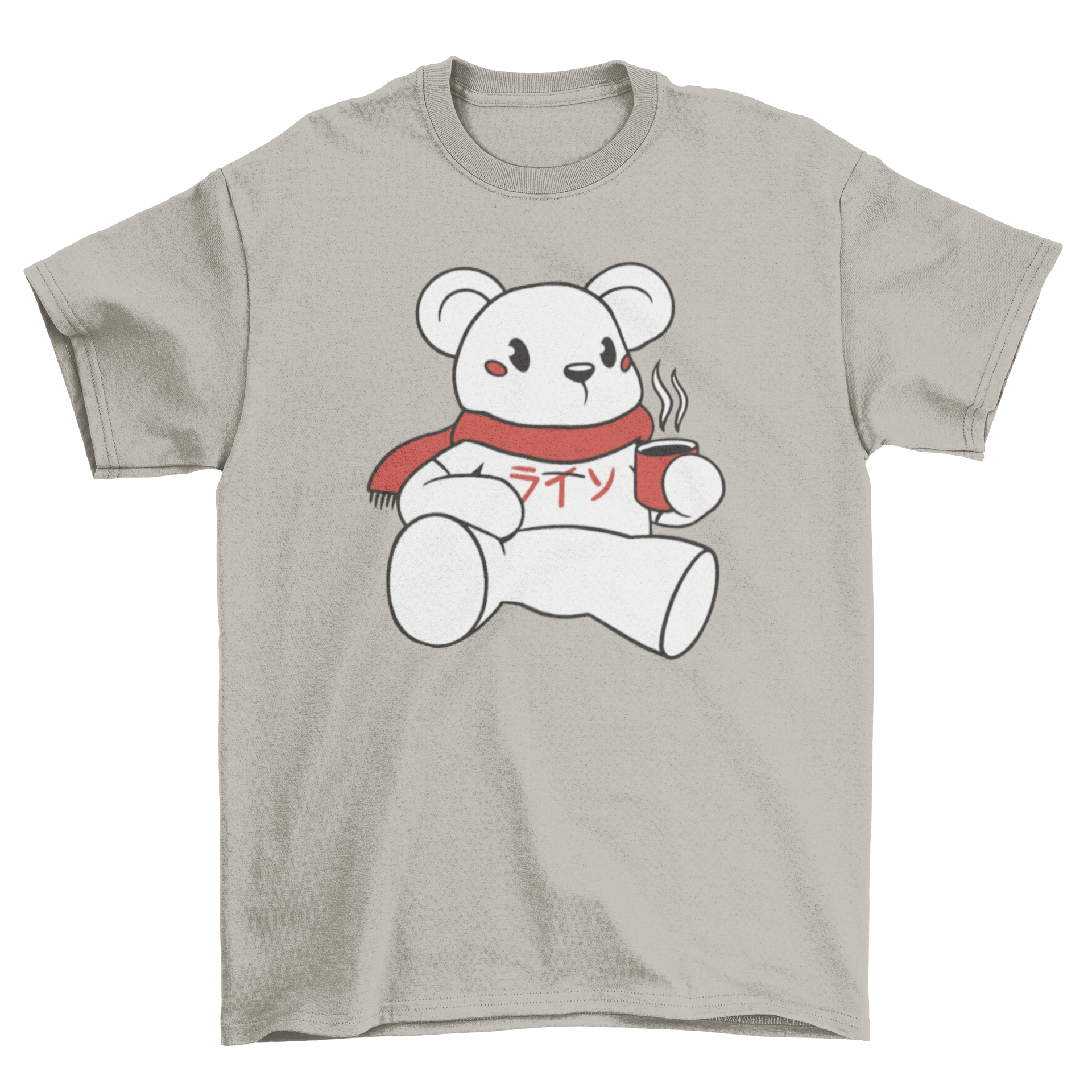 A stylish t-shirt featuring a white polar bear with a red scarf and a cup of coffee, perfect for animal lovers.