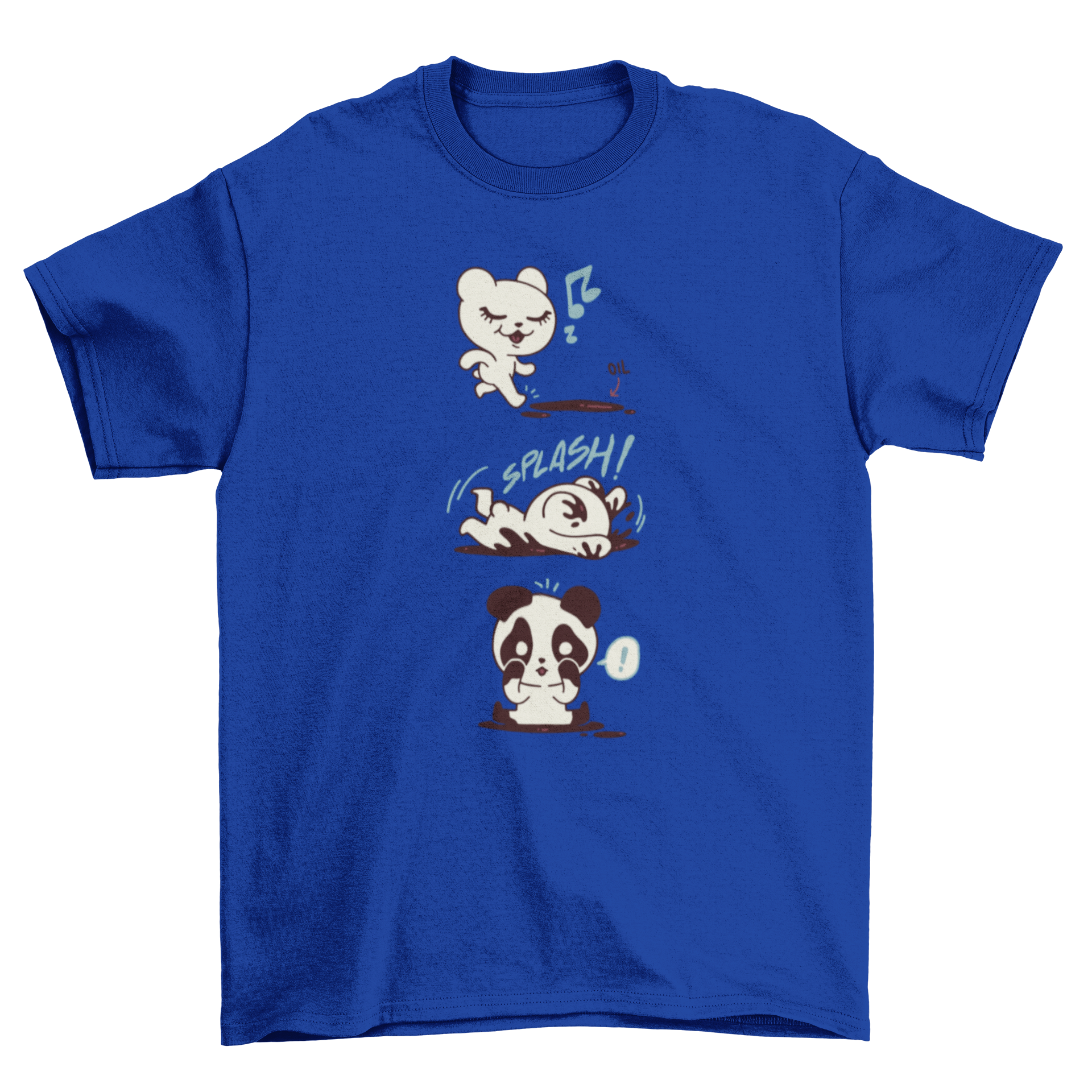 A playful t-shirt featuring a polar bear falling into a puddle and transforming into a panda, showcasing a whimsical design.