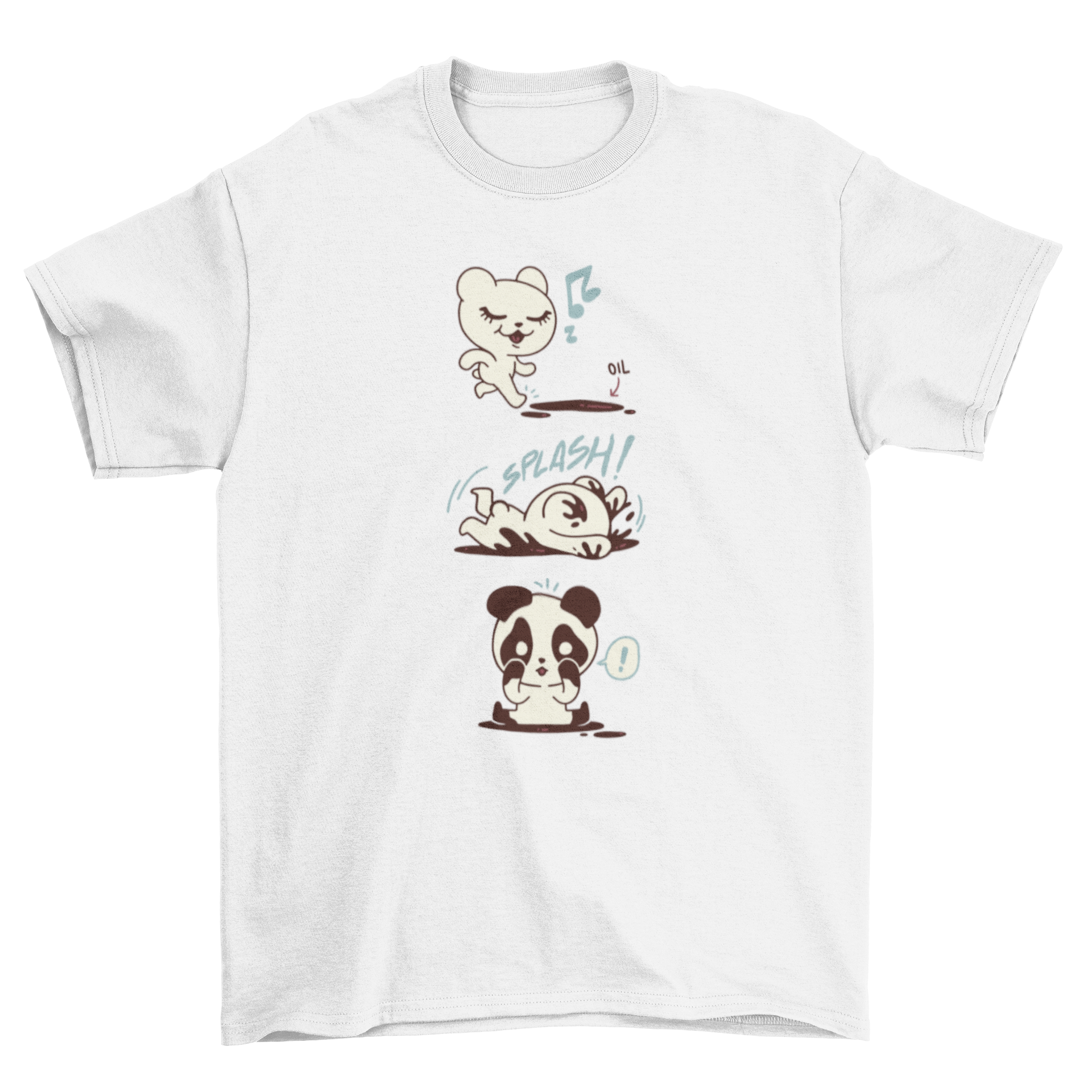 A playful t-shirt featuring a polar bear falling into a puddle and transforming into a panda, showcasing a whimsical design.