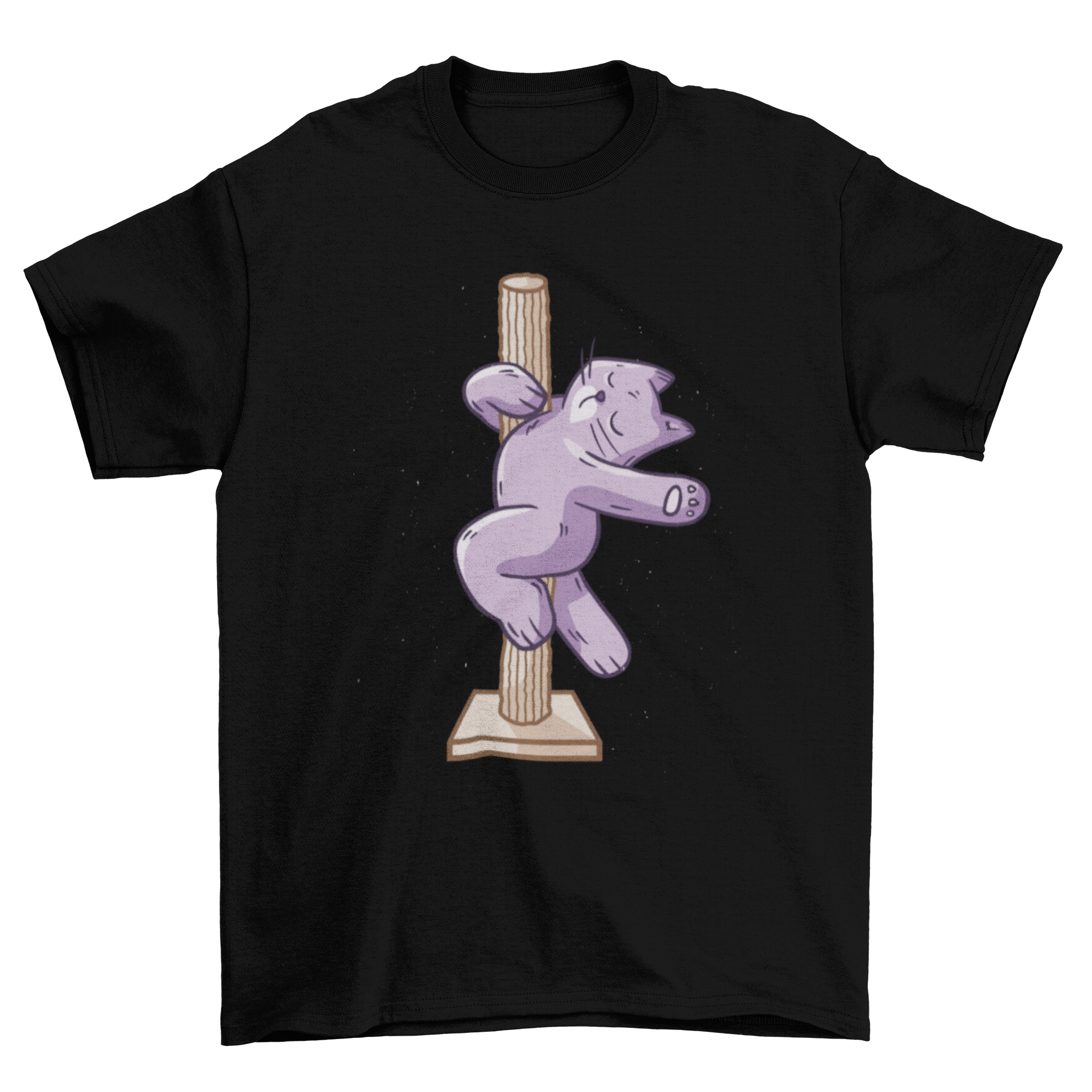 A humorous t-shirt featuring a purple cat pole dancing, showcasing a fun and unique design.