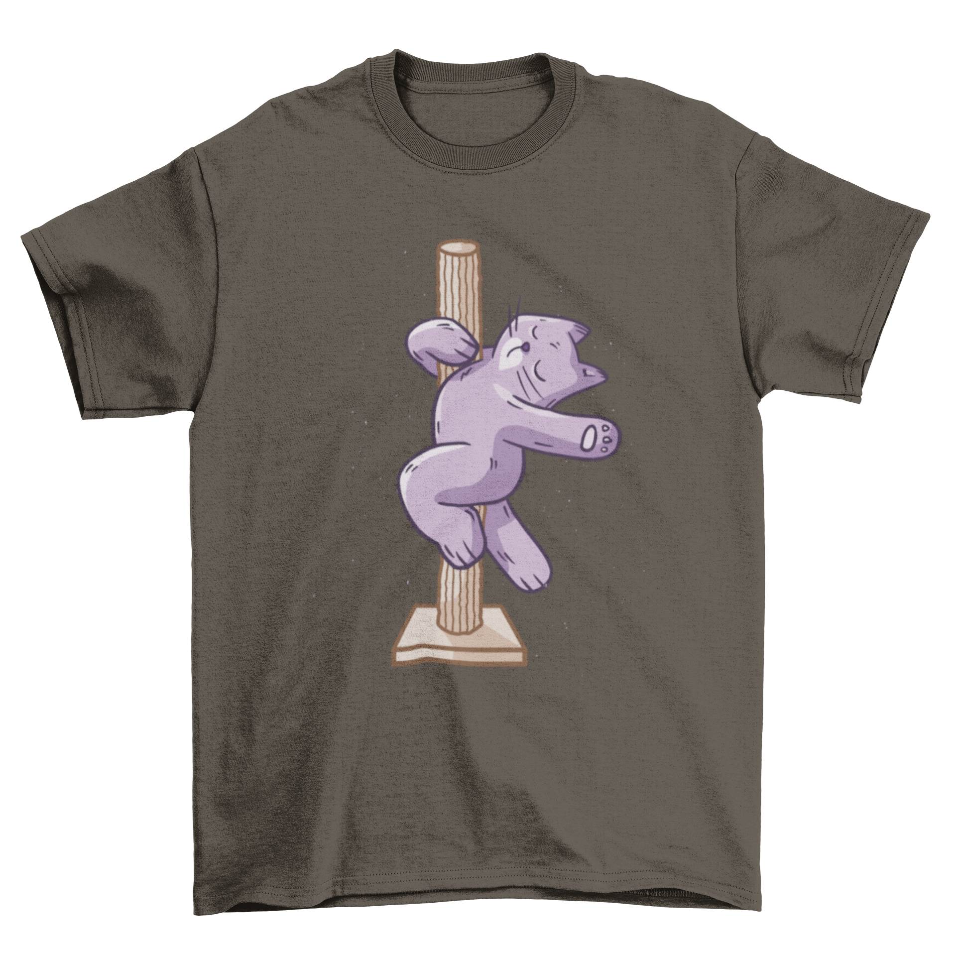 A humorous t-shirt featuring a purple cat pole dancing, showcasing a fun and unique design.