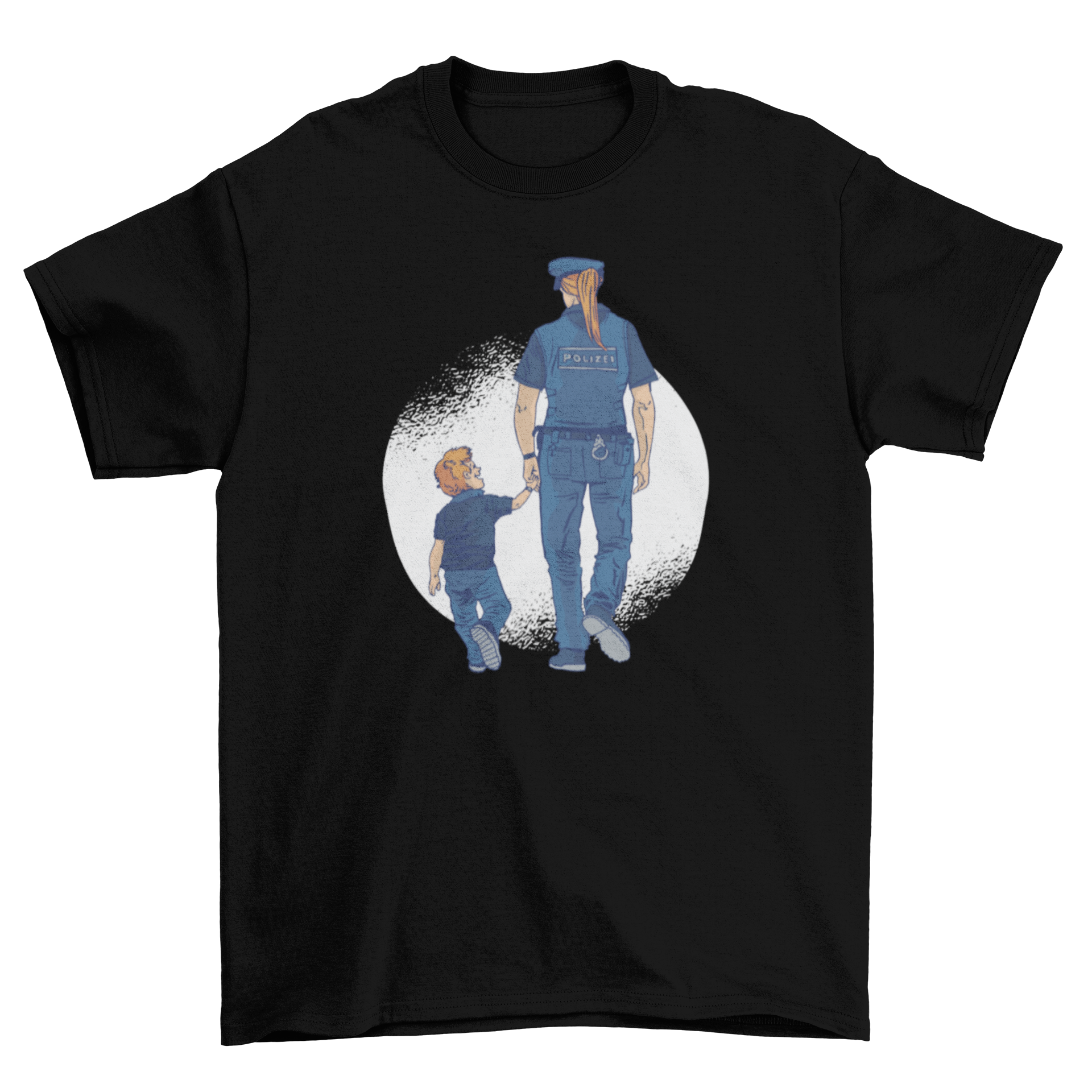 A stylish t-shirt featuring a police woman walking with a child, symbolizing safety and community.