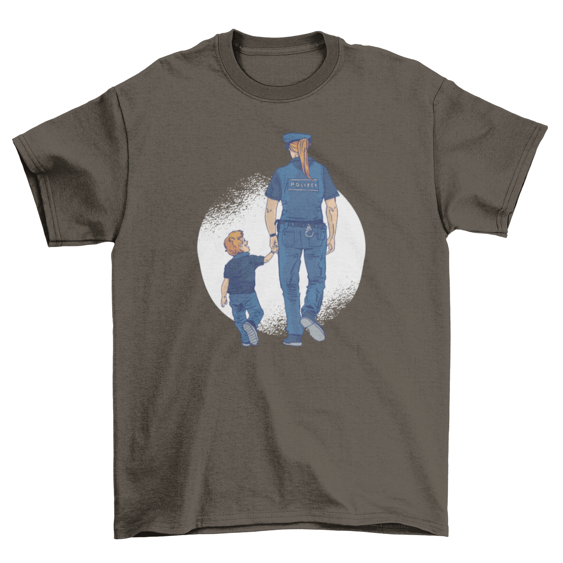 A stylish t-shirt featuring a police woman walking with a child, symbolizing safety and community.