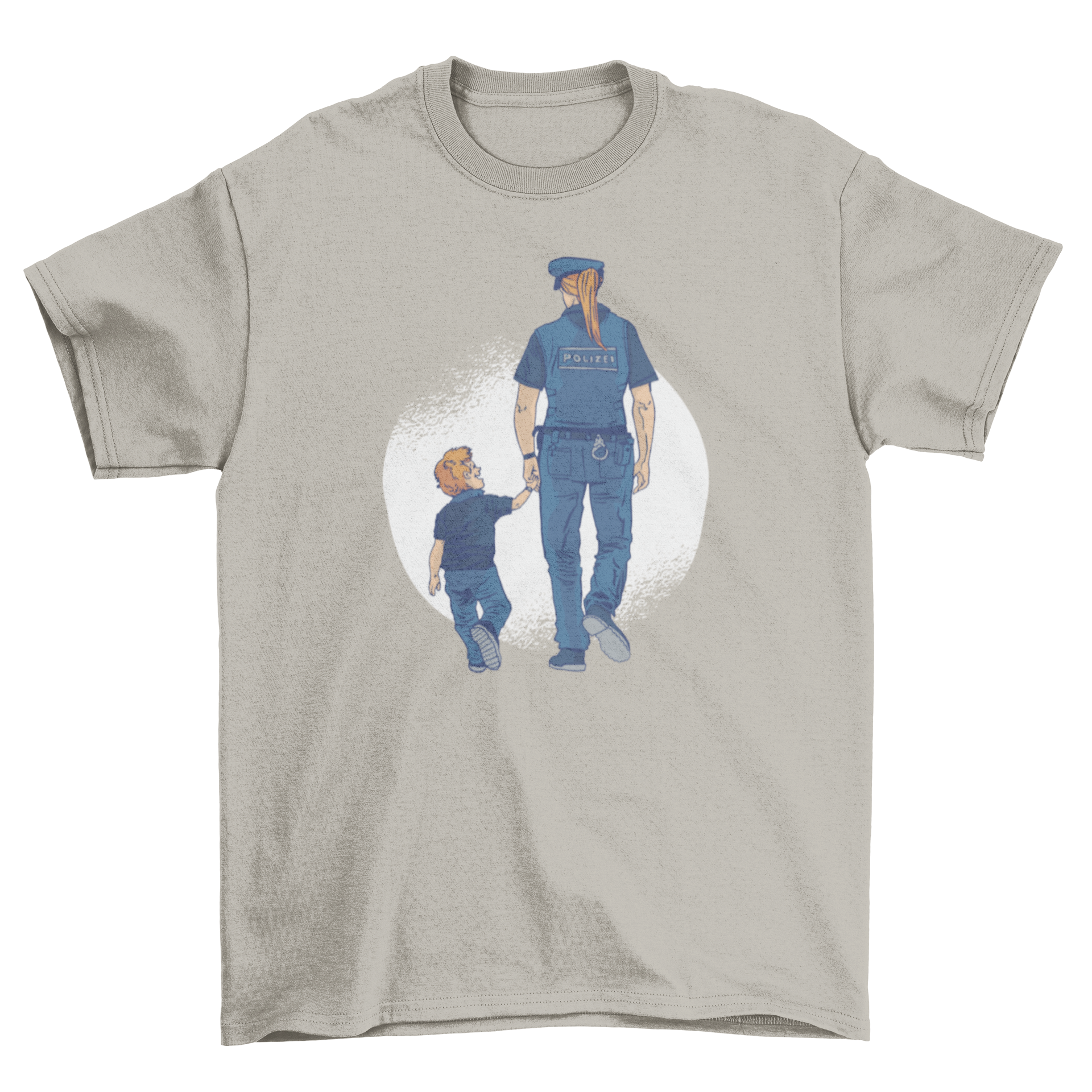 A stylish t-shirt featuring a police woman walking with a child, symbolizing safety and community.