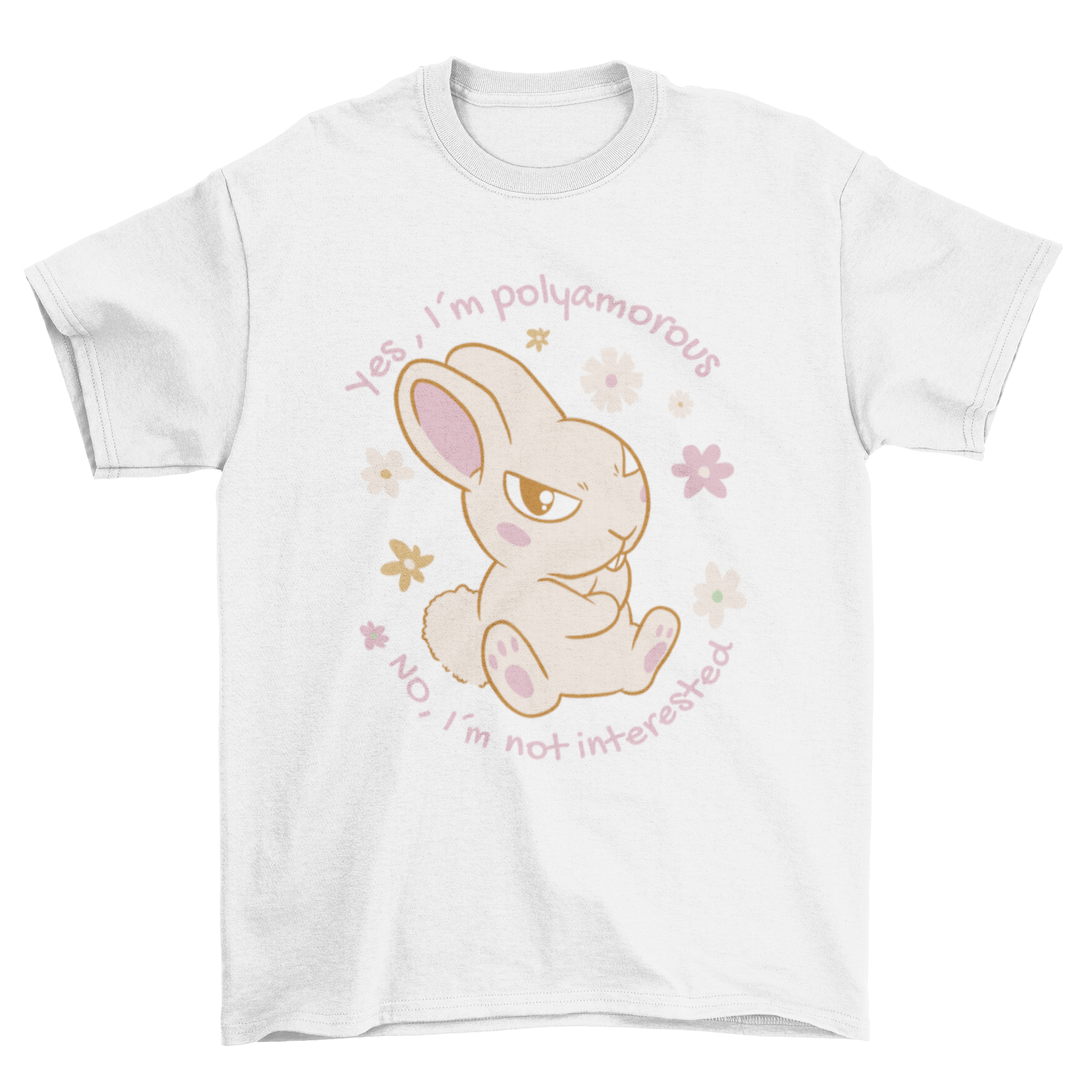 A whimsical t-shirt design featuring a rabbit surrounded by colorful flowers with a humorous quote about polyamory.