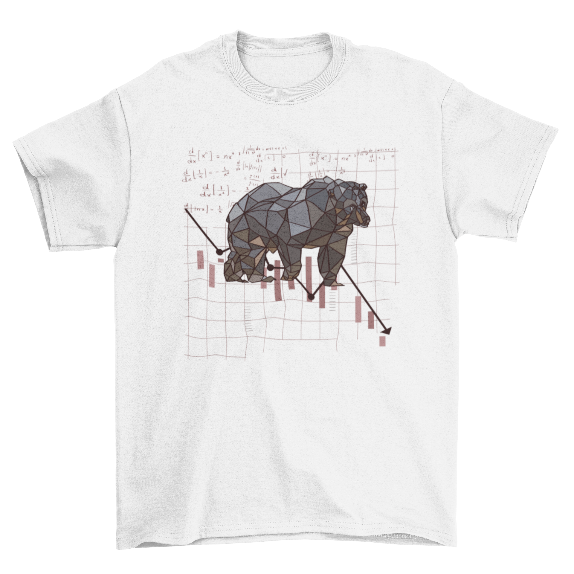 A stylish polygonal bear t-shirt featuring a bear walking down a graph, showcasing a modern artistic design.