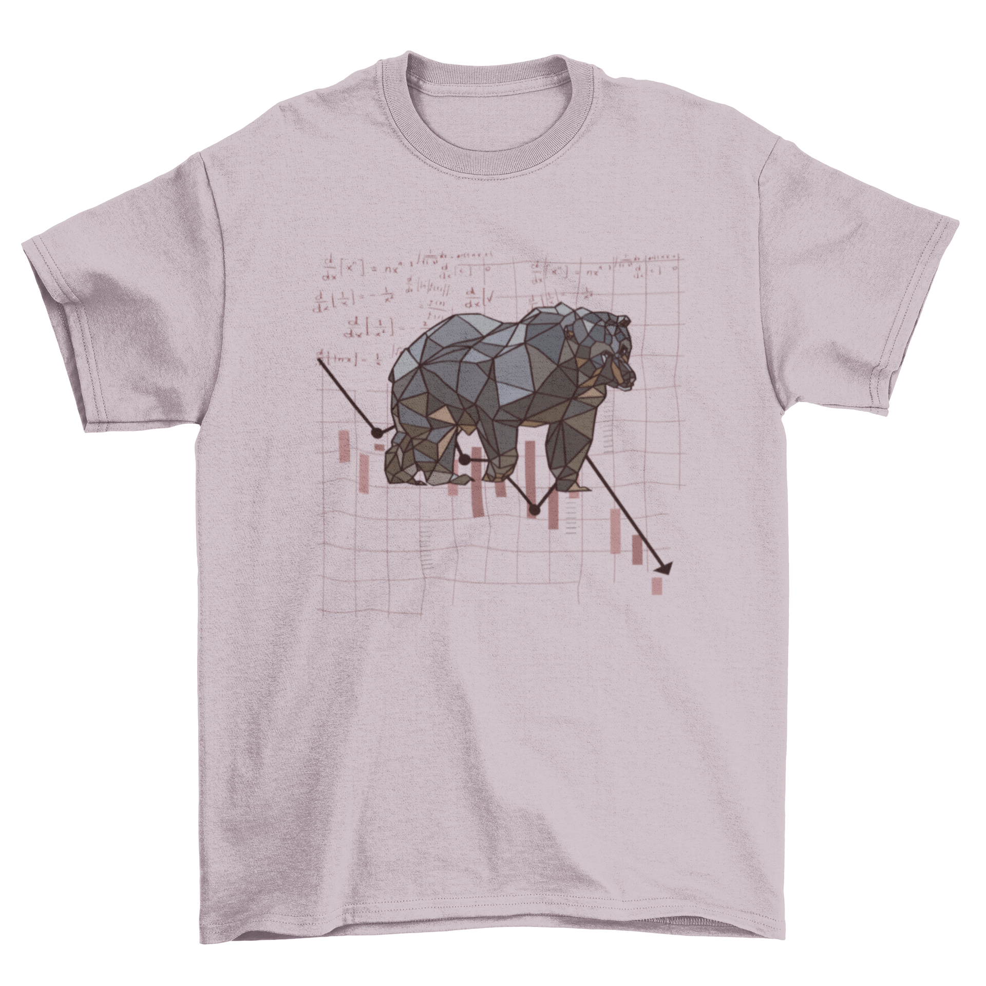 A stylish polygonal bear t-shirt featuring a bear walking down a graph, showcasing a modern artistic design.