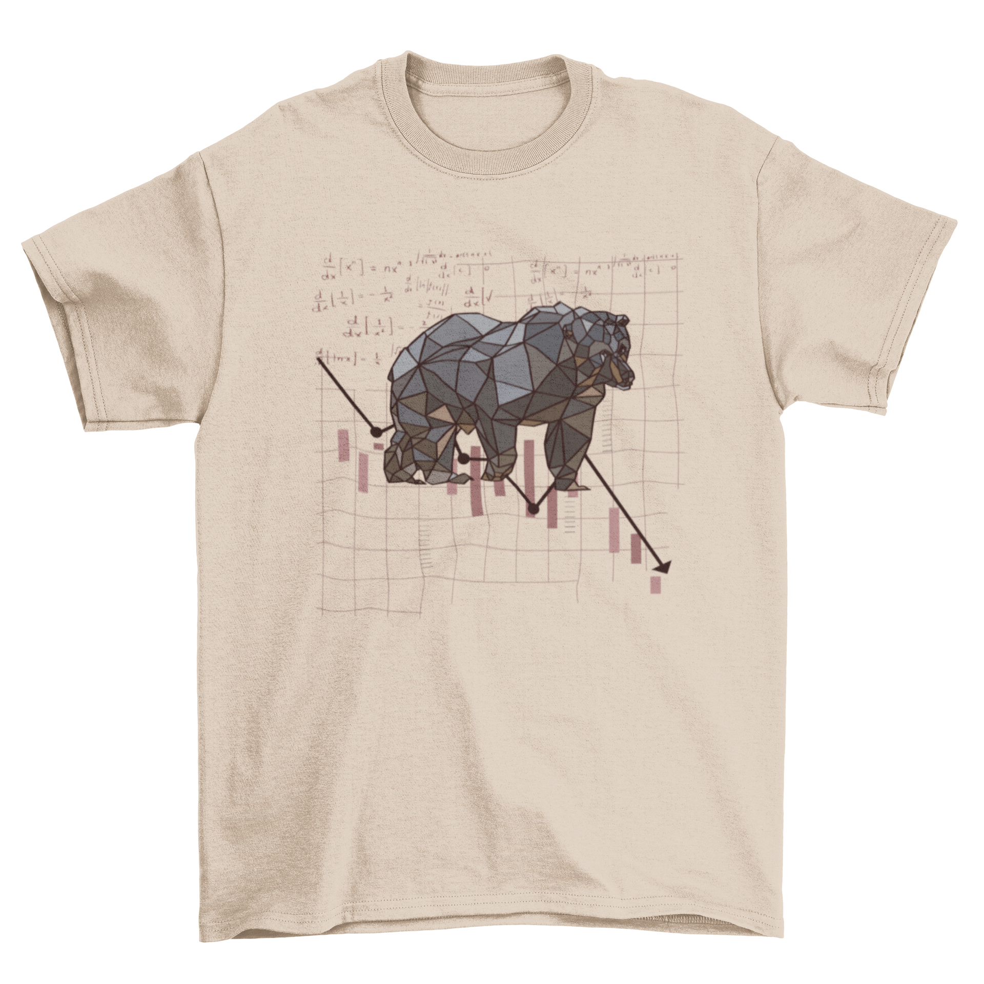 A stylish polygonal bear t-shirt featuring a bear walking down a graph, showcasing a modern artistic design.