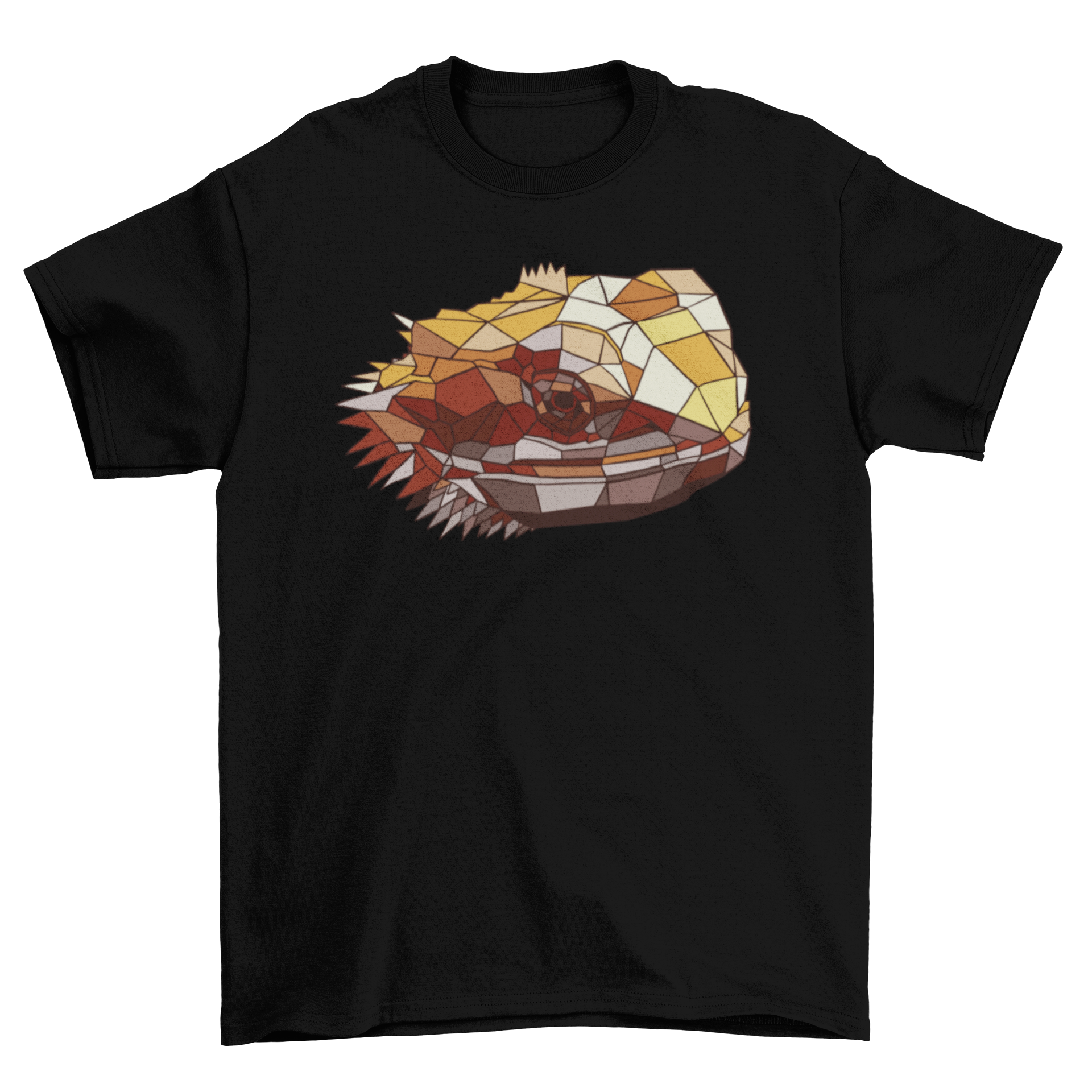 A stylish t-shirt featuring a polygonal design of a bearded dragon's head, showcasing vibrant colors and geometric shapes.